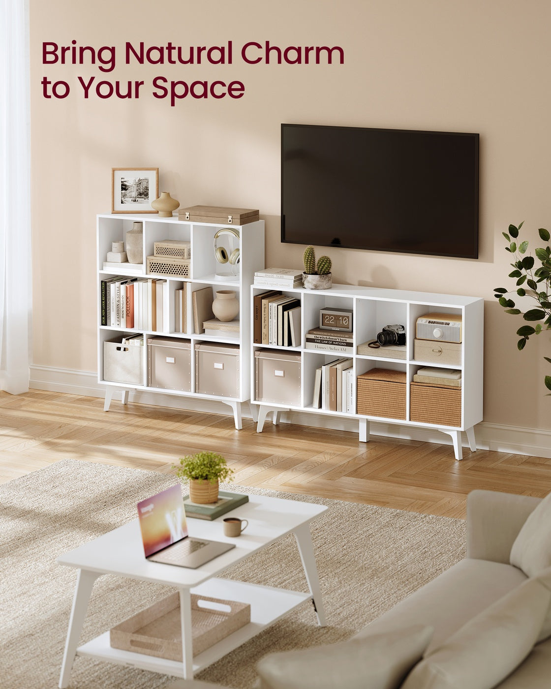 VASAGLE Mid-Century Modern 8-Cube Bookshelf – Cloud White – 9.4''D x 47.1''W x 30.3''H
