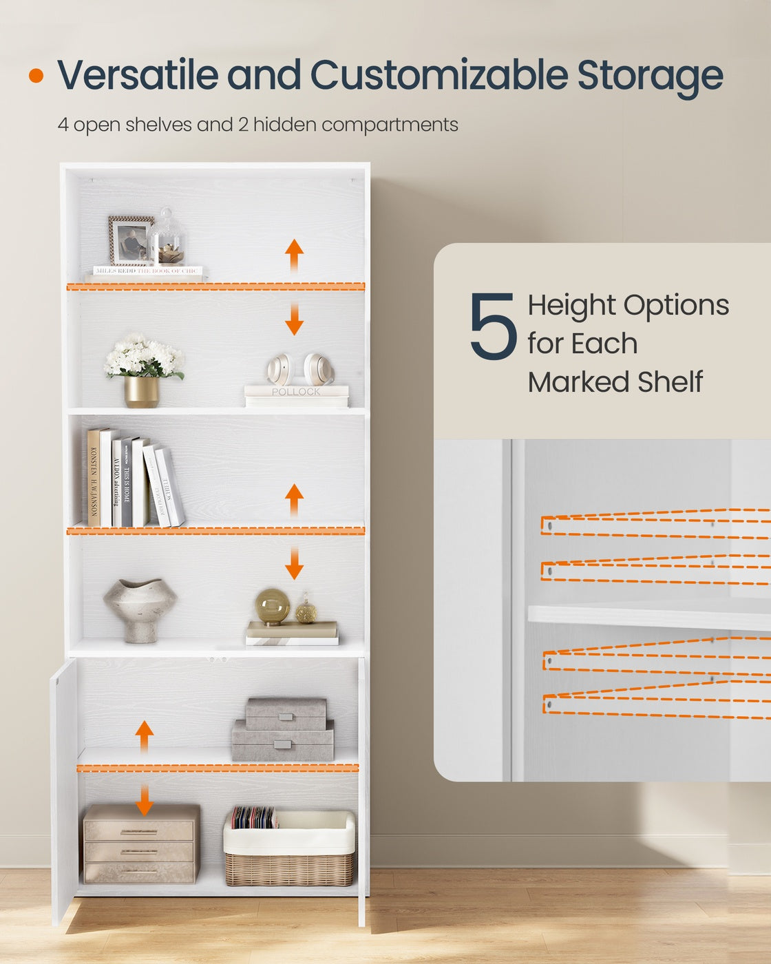 SONGMICS HOME Home Book Shelf 6-Tier Floor Standing Bookcase 70.4 Inches Tall Snow White