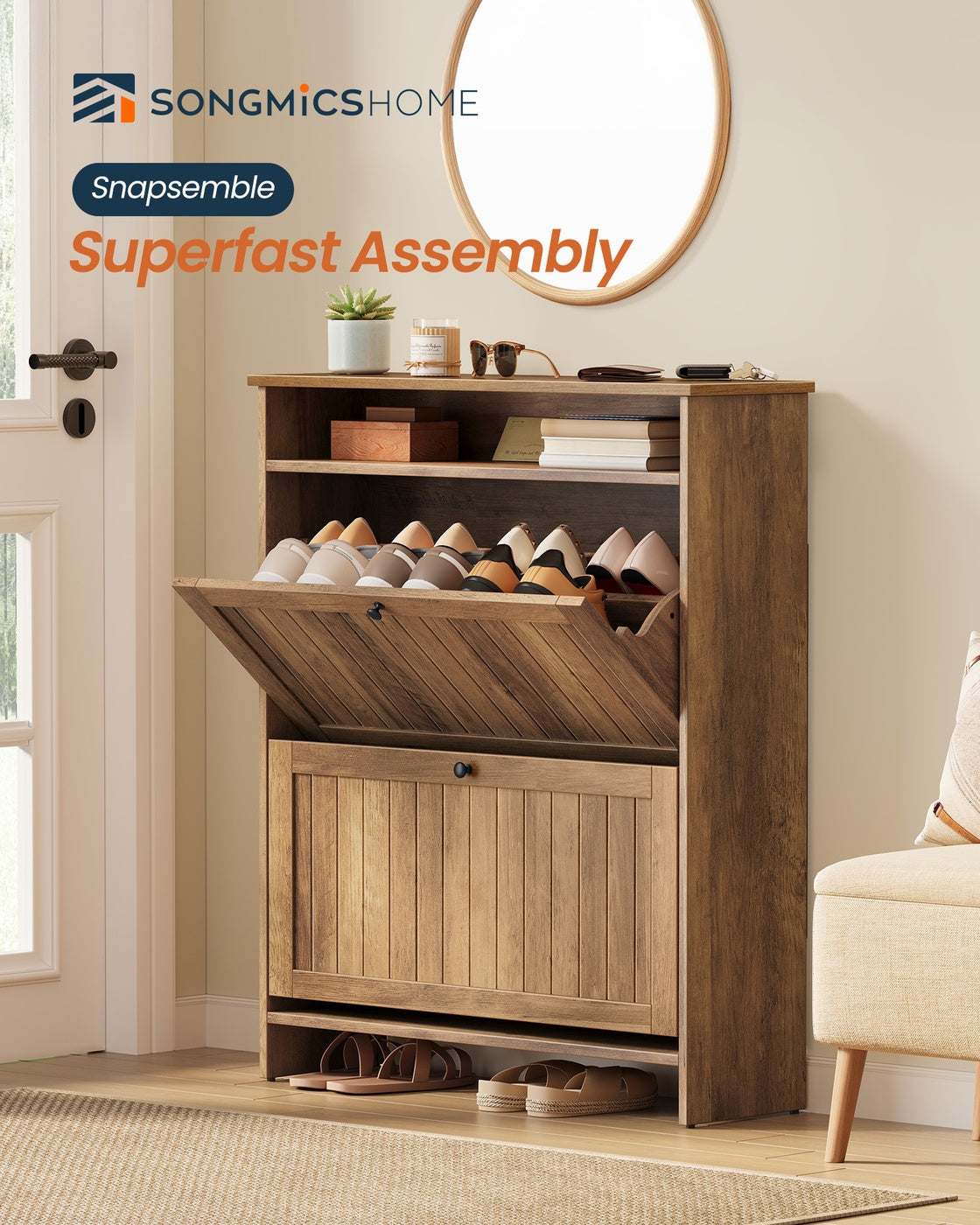 SONGMICS HOME Shoe Cabinet with 2 Flip Drawers Honey Brown