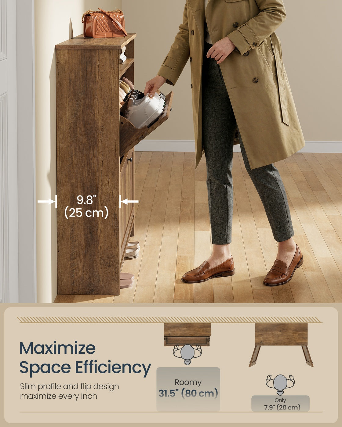 SONGMICS HOME Shoe Cabinet with 2 Flip Drawers Honey Brown