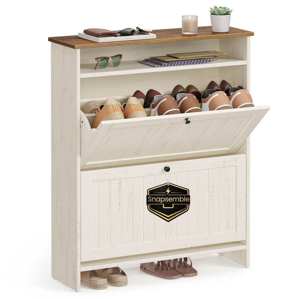 SONGMICS HOME Shoe Cabinet, Snapsemble Superfast Assembly – Cloud White and Warm Brown