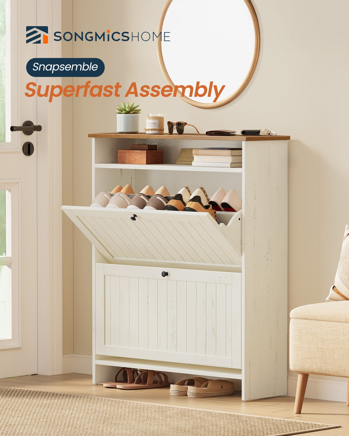 SONGMICS HOME Shoe Cabinet, Snapsemble Superfast Assembly – Cloud White and Warm Brown
