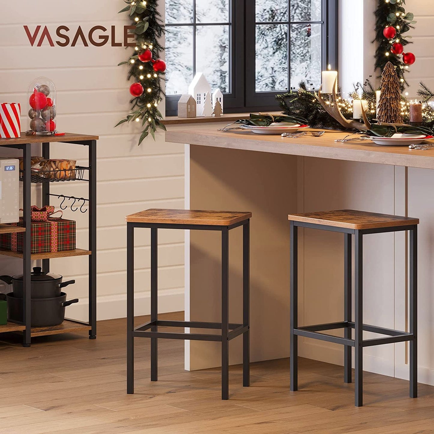 VASAGLE Set of 4 Bar Stools Bundle, 25.6 Inches Tall, Rustic Brown