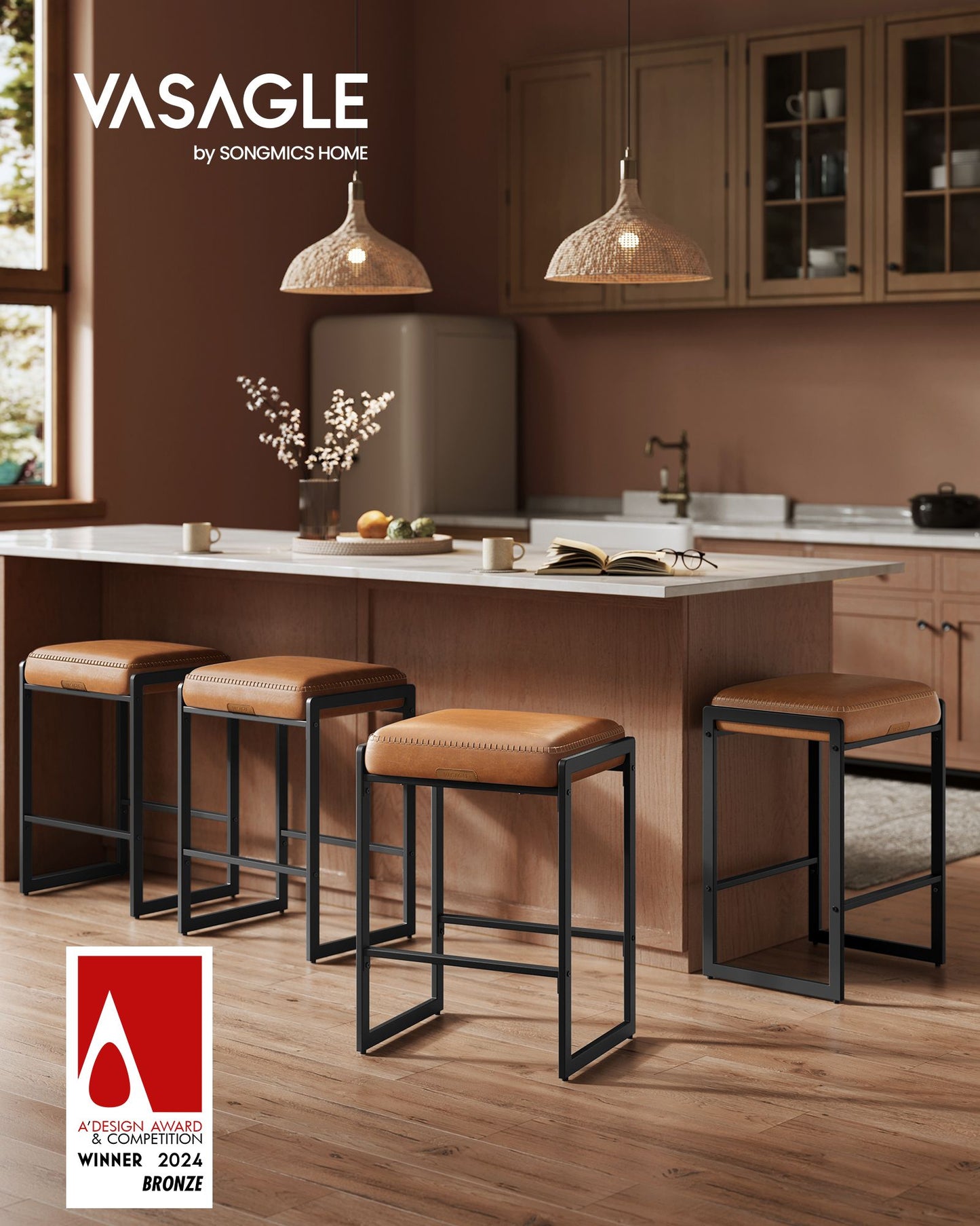 VASAGLE Ekho Collection Bar Stools Set of 3, Caramel Brown