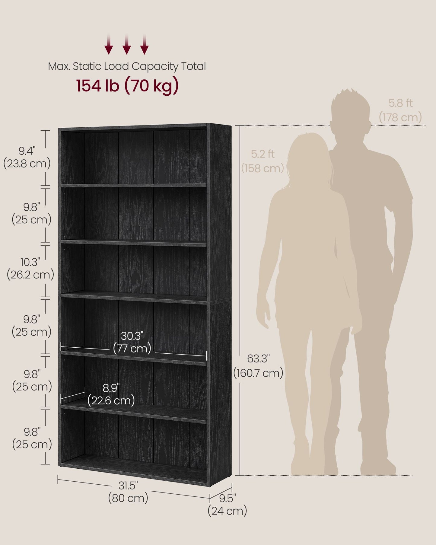 VASAGLE 6-Tier Bookshelf, Storage Organizer, 31.5 X 9.5 X 63.3 Inches Particleboard and MDF – Ebony Black
