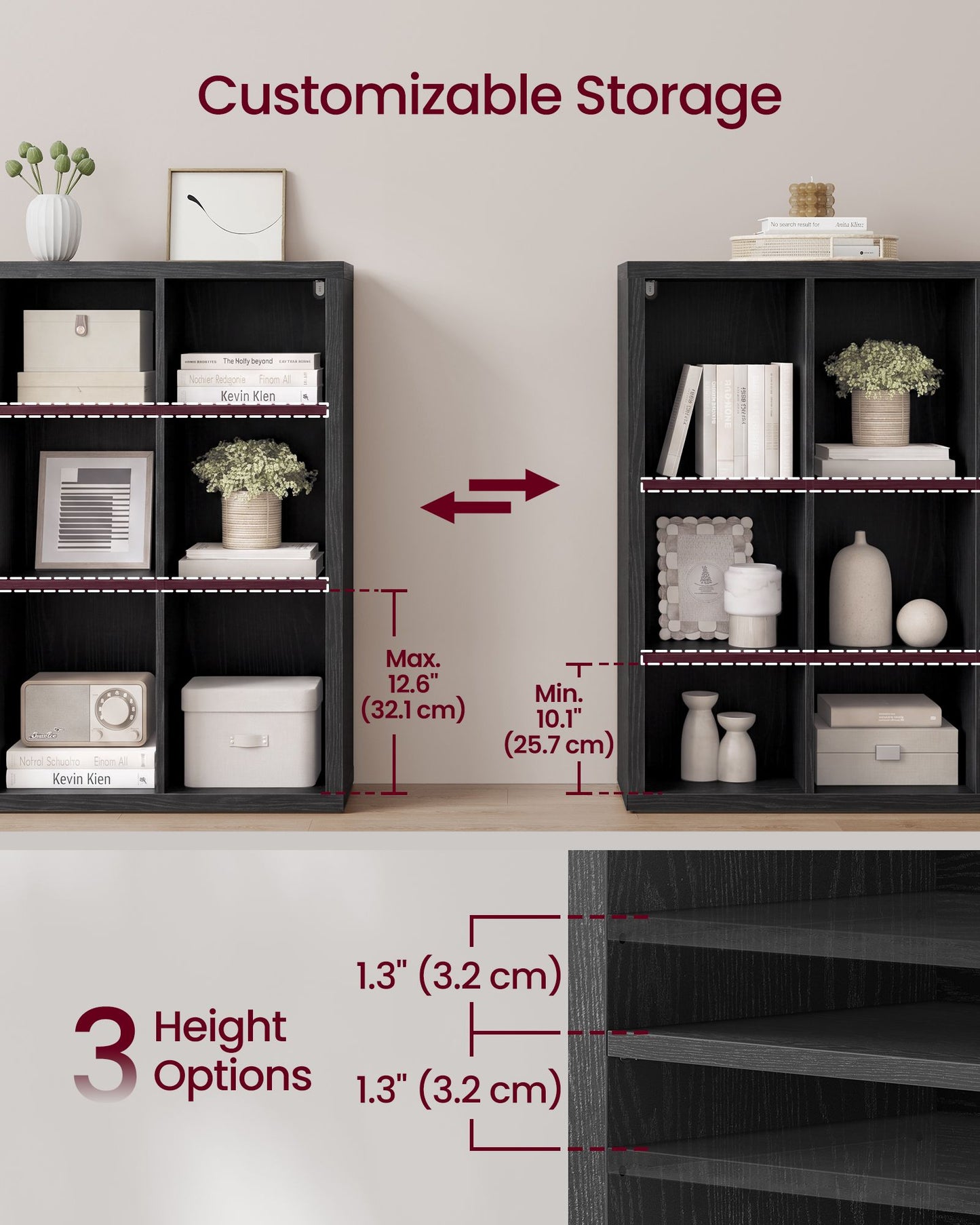 VASAGLE 9-Cube Bookshelf, Adjustable Storage Shelf Modern Display Cabinet for Living Room Storage – Ebony Black