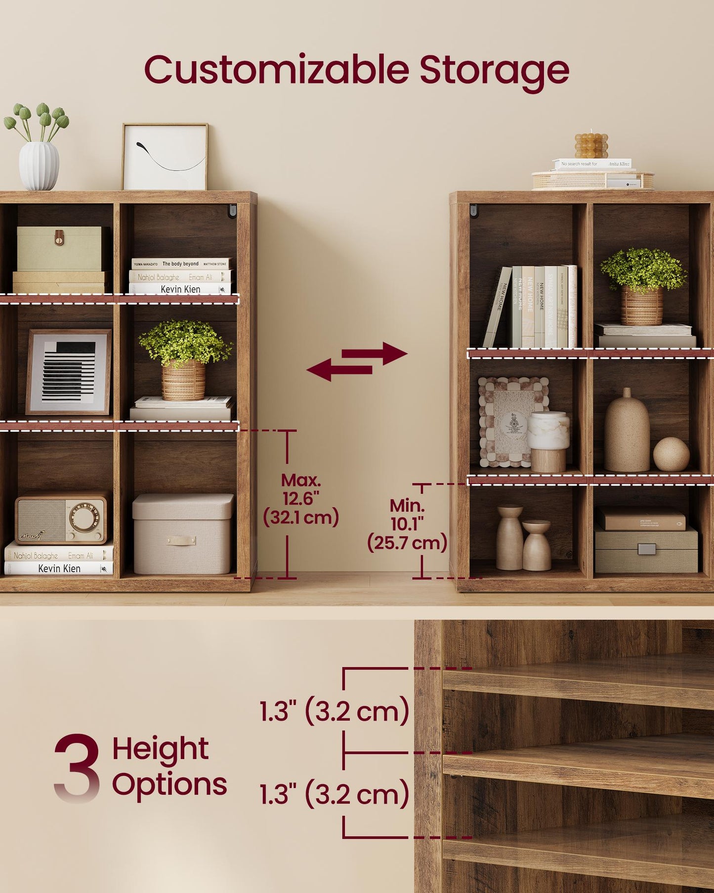 VASAGLE 9-Cube Bookshelf, Adjustable Storage Shelf Modern Display Cabinet for Living Room Storage – Honey Brown