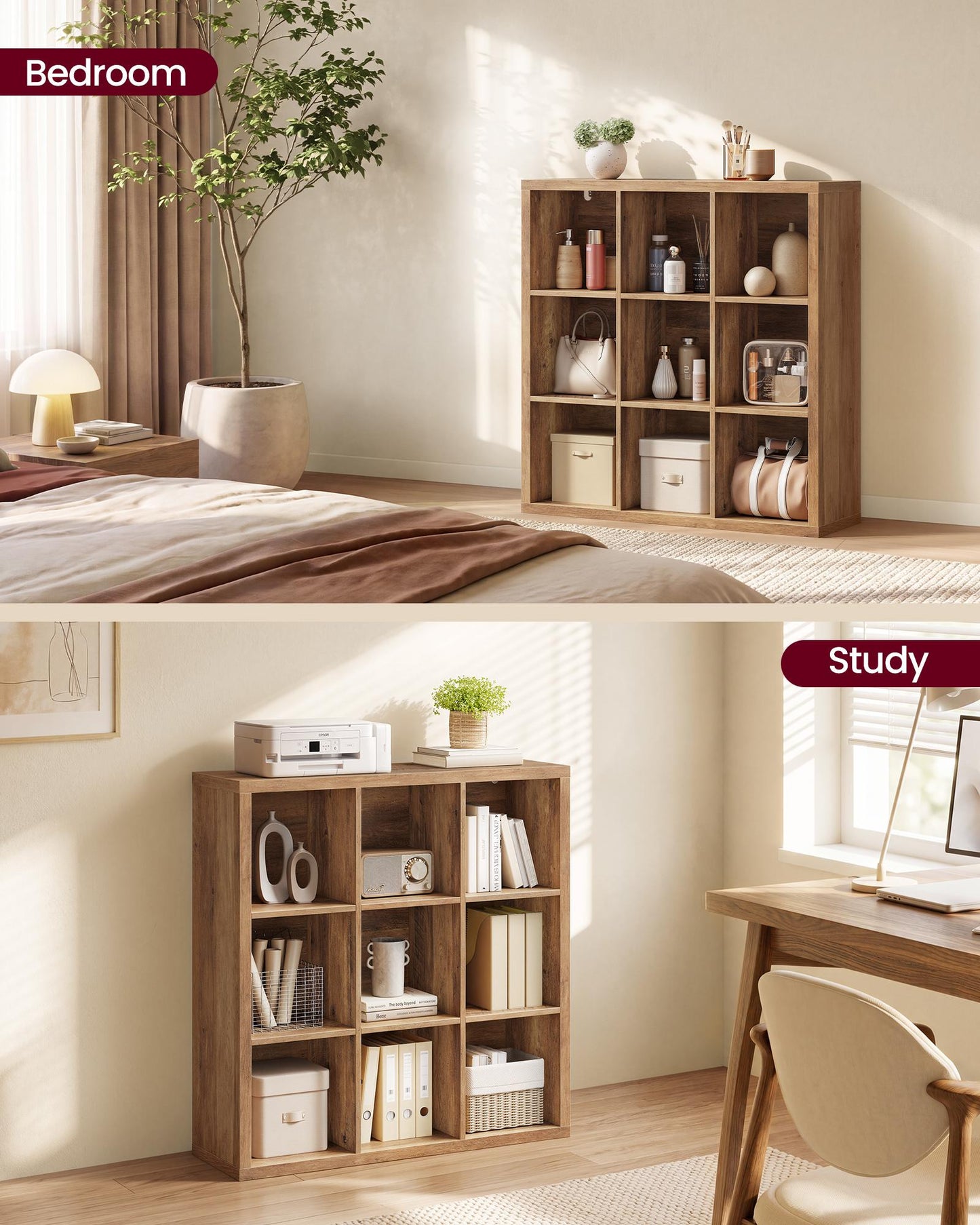 VASAGLE 9-Cube Bookshelf, Adjustable Storage Shelf Modern Display Cabinet for Living Room Storage – Honey Brown