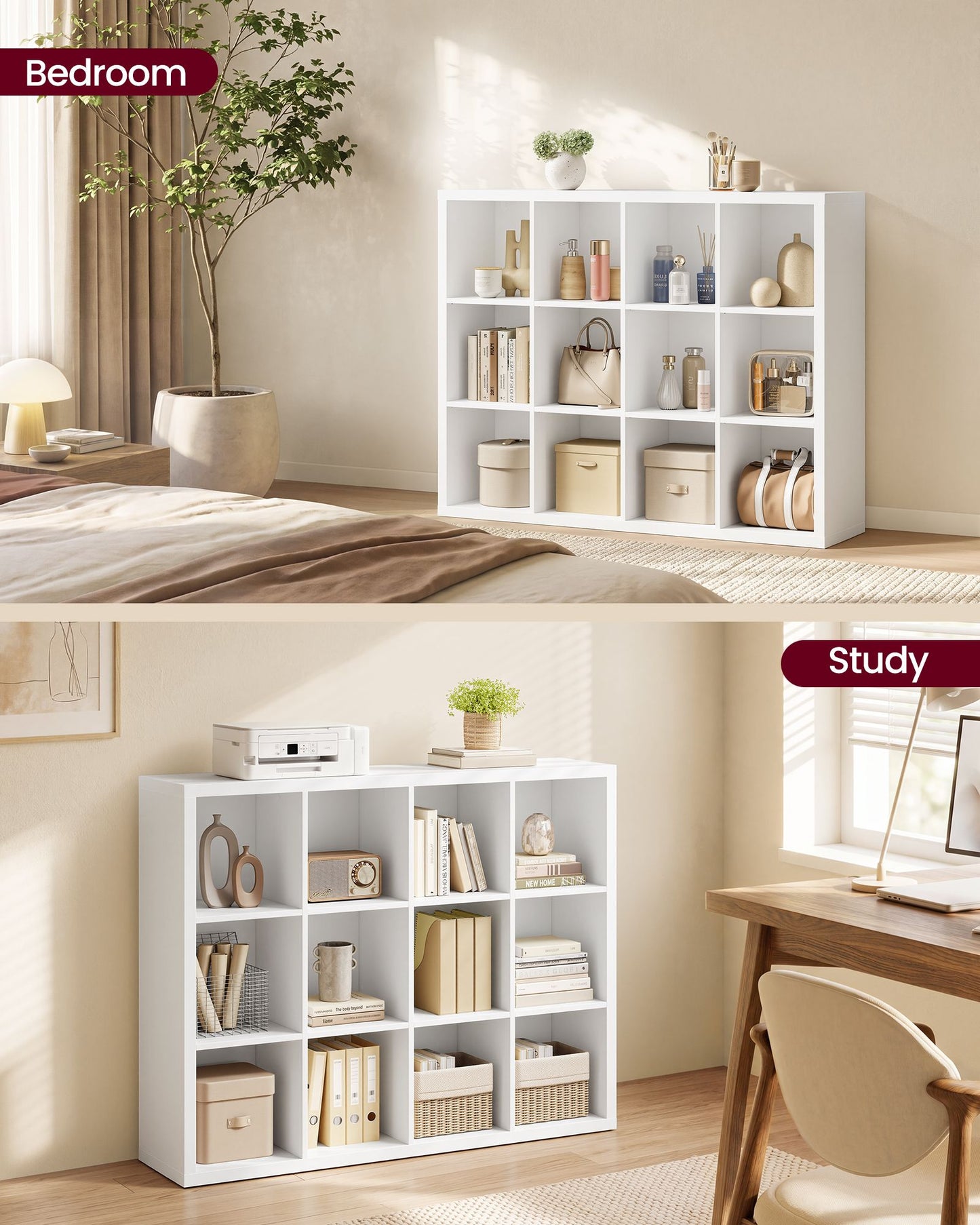 VASAGLE 12-Cube Bookshelf, Adjustable Storage Shelf Modern Display Cabinet for Living Room Storage – Cloud White