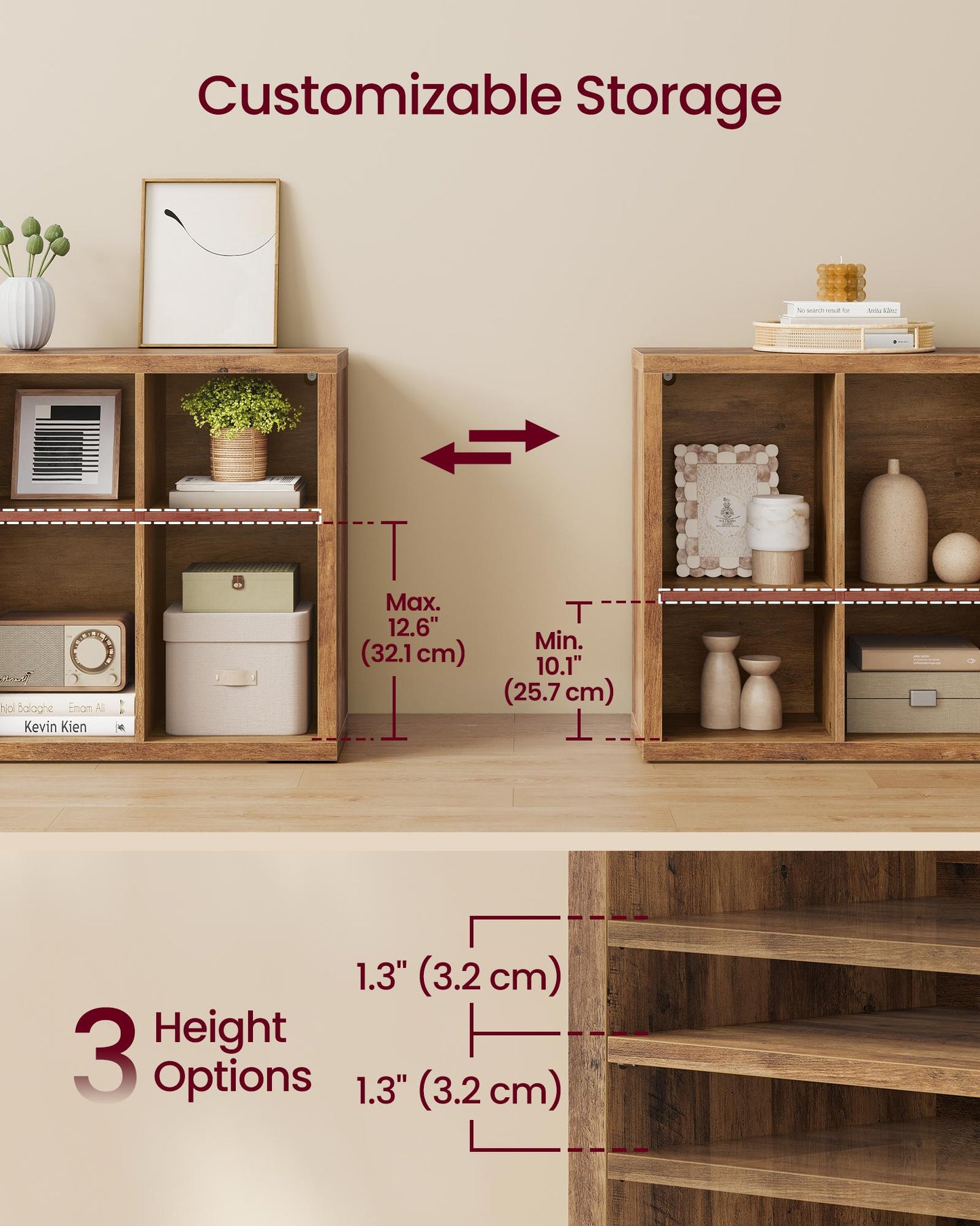 VASAGLE 8-Cube Bookshelf, Adjustable Storage Shelf Modern Display Cabinet for Living Room Storage – Honey Brown