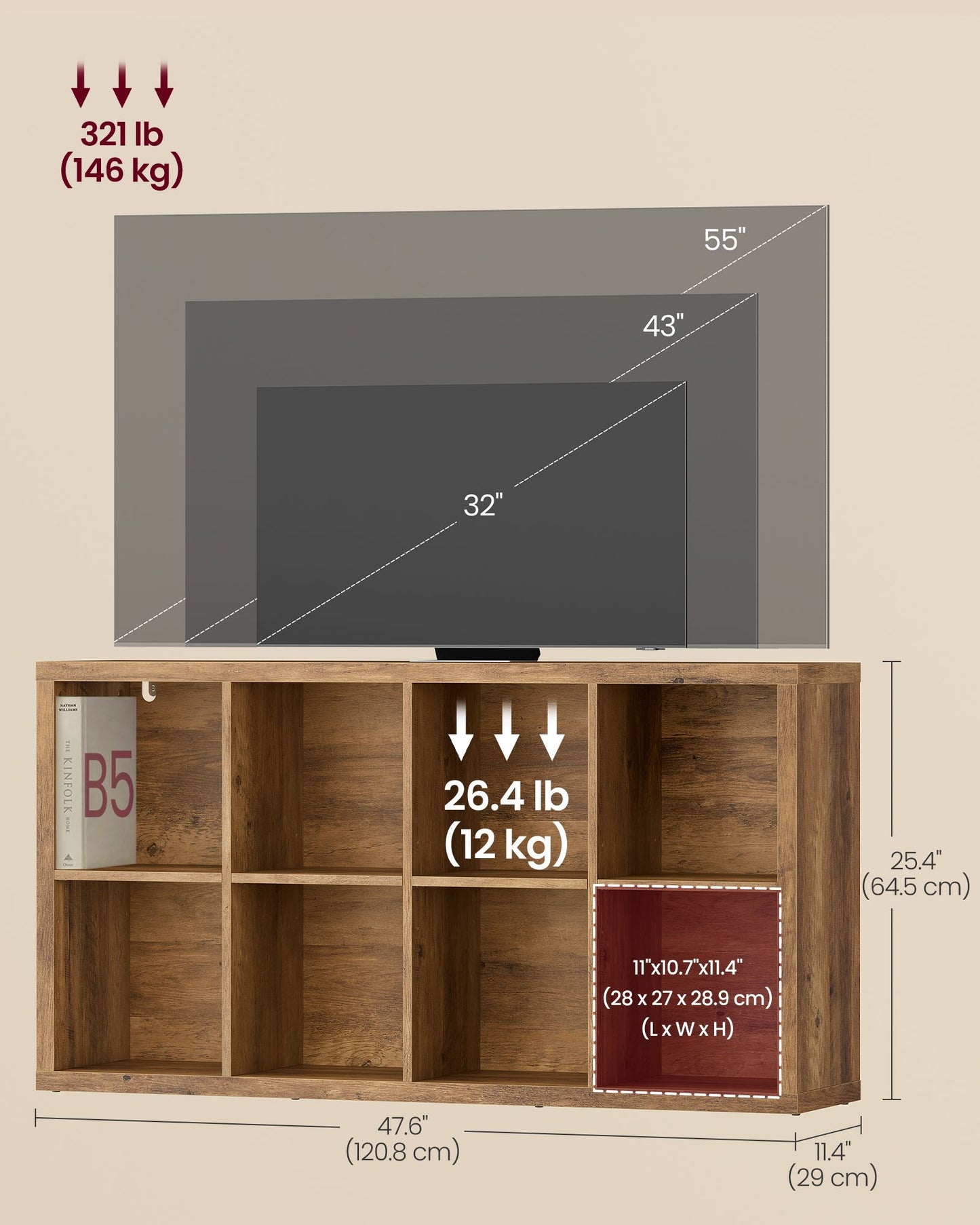 VASAGLE 8-Cube Bookshelf, Adjustable Storage Shelf Modern Display Cabinet for Living Room Storage – Honey Brown