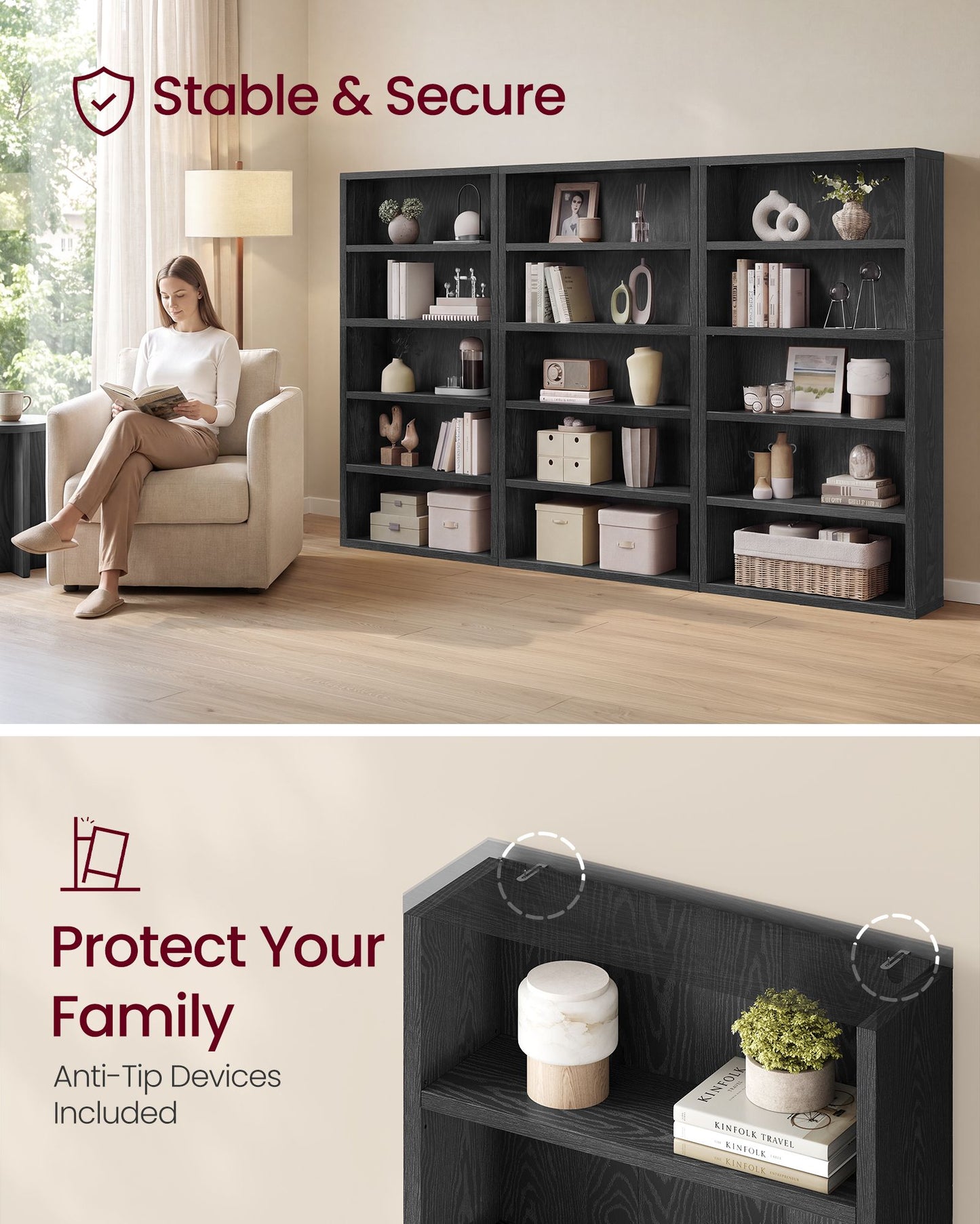 VASAGLE 5-Tier Bookshelf, Minimalist Bookcase with Adjustable Shelves Room Storage – Ebony Black