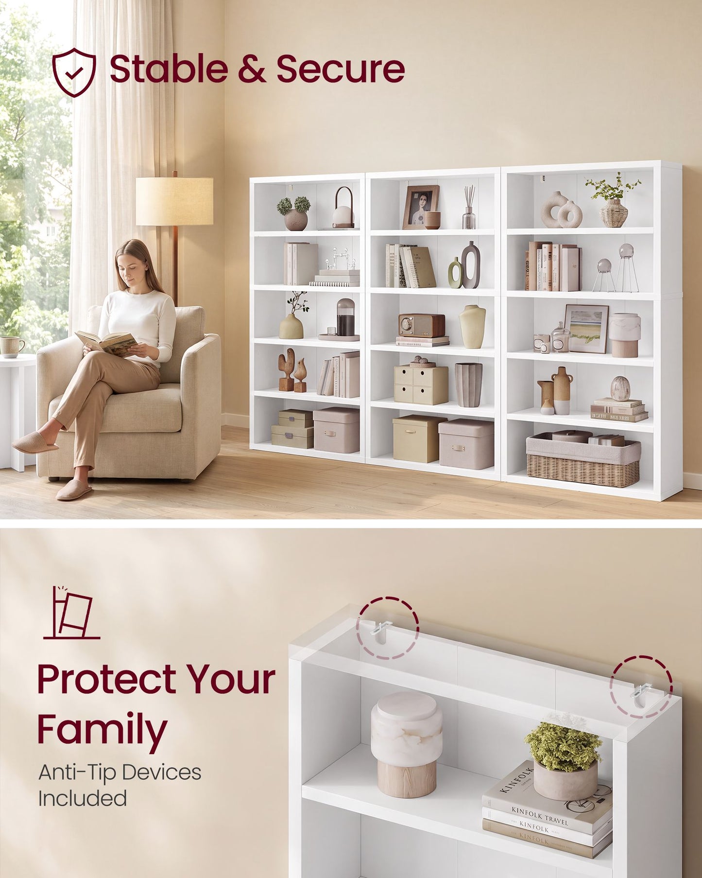 VASAGLE 5-Tier Bookshelf, Minimalist Bookcase with Adjustable Shelves Room Storage – Cloud White