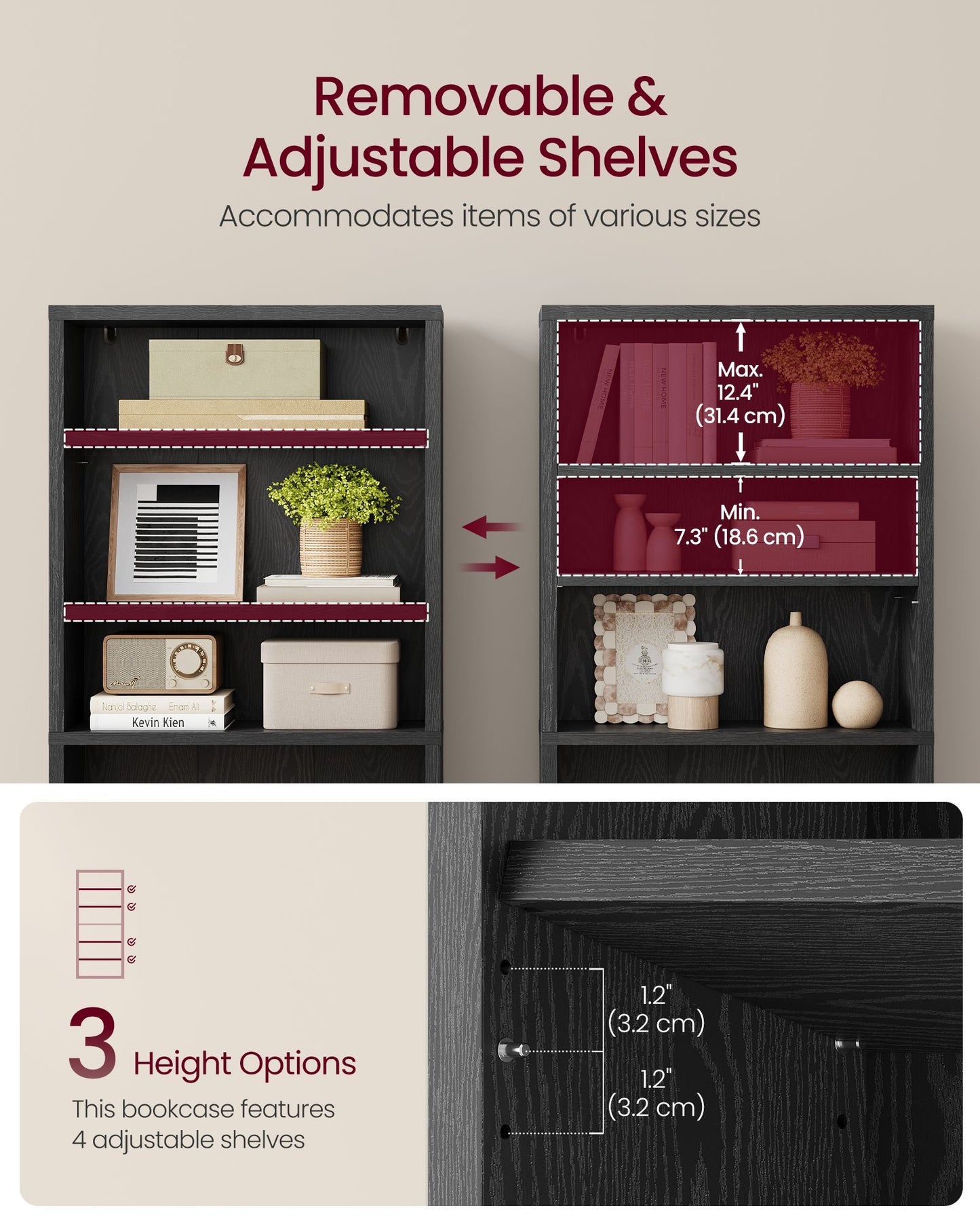VASAGLE 6-Tier Bookshelf, Minimalist Bookcase with Adjustable Shelves Room Storage – Ebony Black