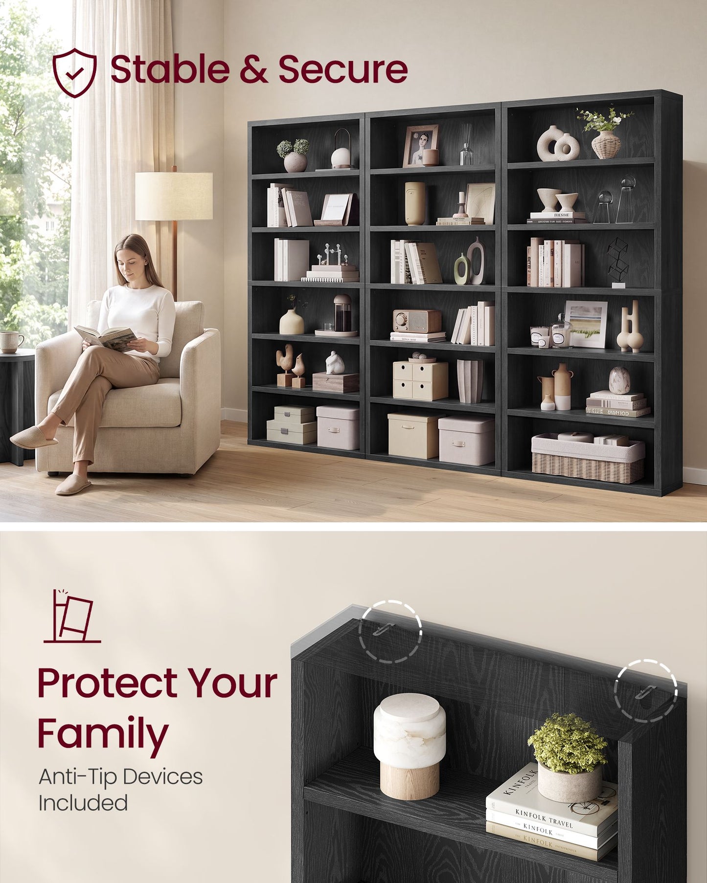 VASAGLE 6-Tier Bookshelf, Minimalist Bookcase with Adjustable Shelves Room Storage – Ebony Black