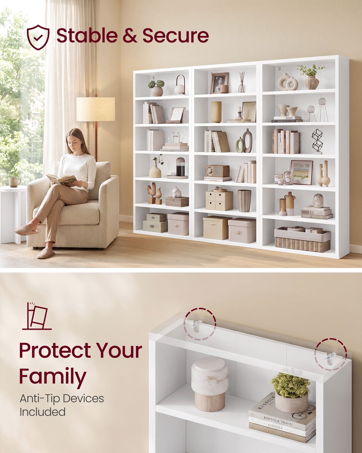 VASAGLE 6-Tier Bookshelf, Minimalist Bookcase with Adjustable Shelves Room Storage – Cloud White – 29.5 x 9.4 x 66.1 inch