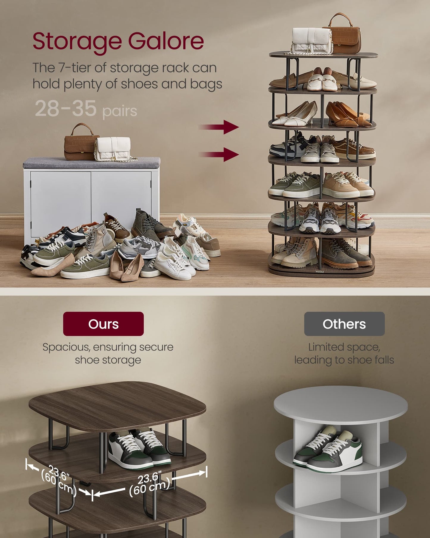 VASAGLE Rotating Shoe Rack Tower with Shelves – Ink Black, Ash Brown