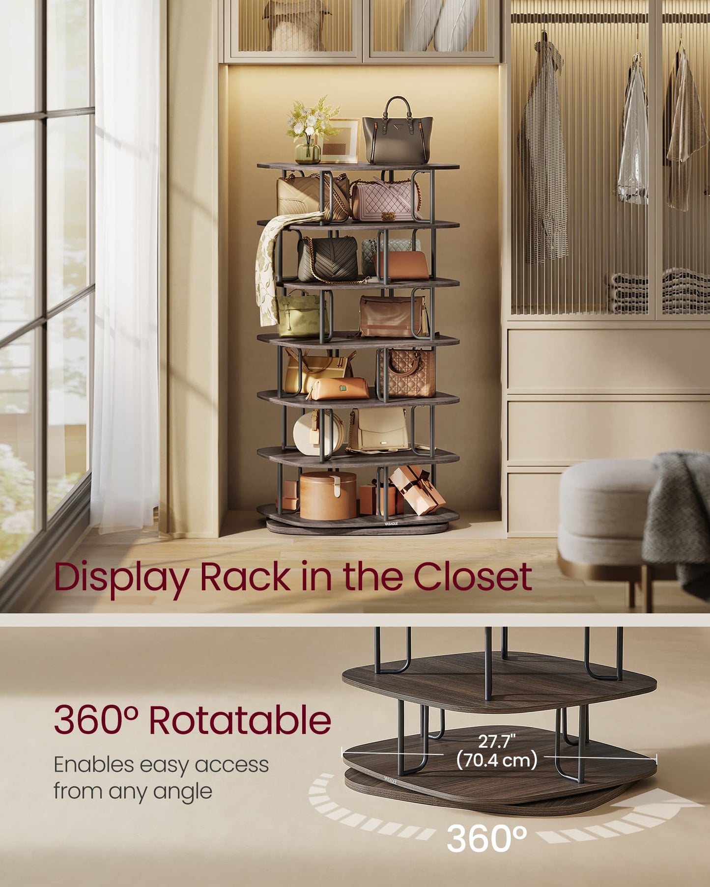 VASAGLE Rotating Shoe Rack Tower with Shelves – Ink Black, Ash Brown