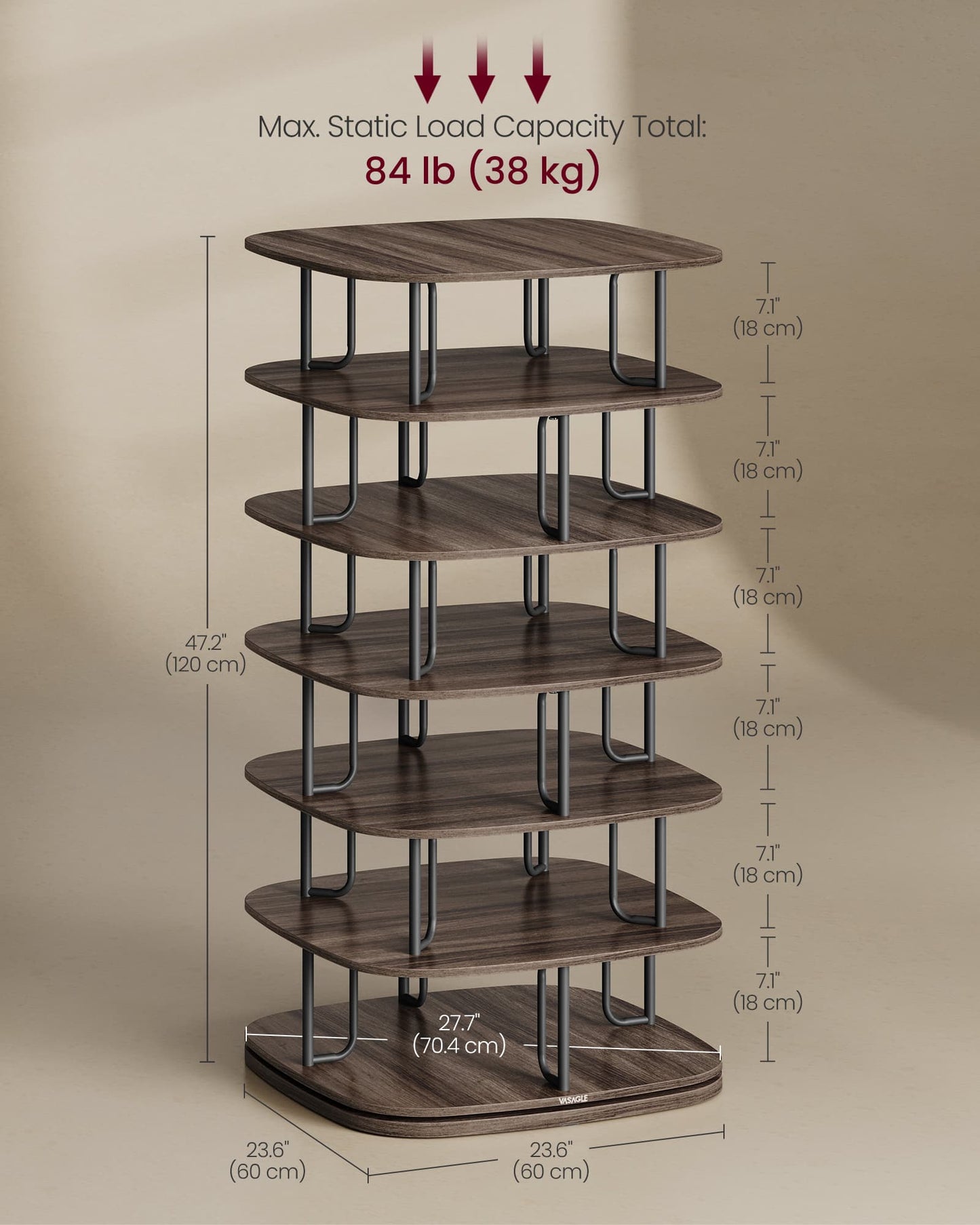 VASAGLE Rotating Shoe Rack Tower with Shelves – Ink Black, Ash Brown