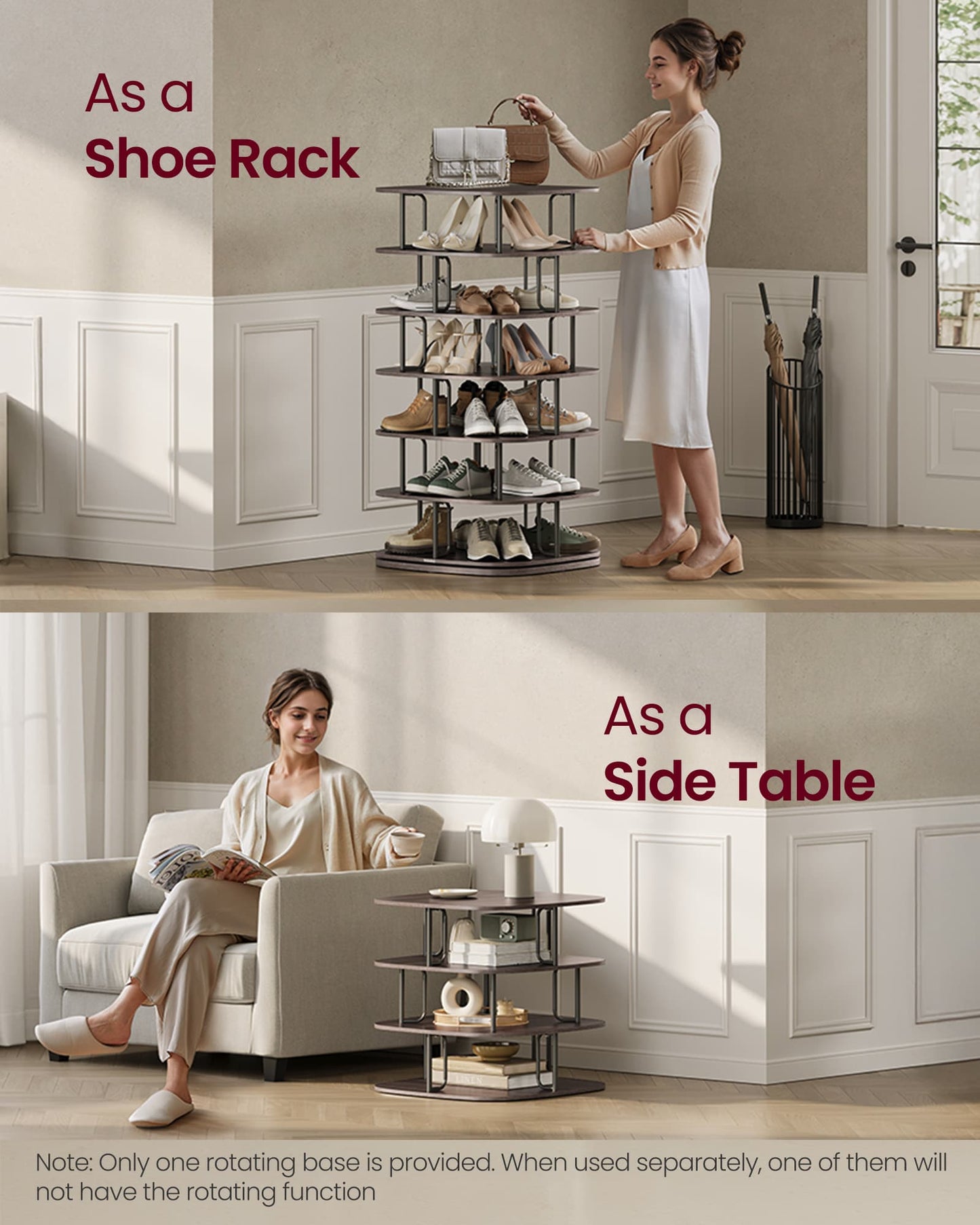 VASAGLE Rotating Shoe Rack Tower with Shelves – Ink Black, Ash Brown