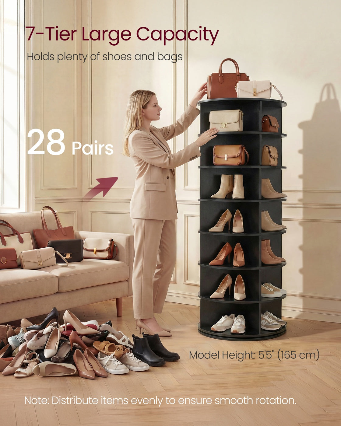 VASAGLE 7-Tier Rotating Shoe Rack Tower, Free Standing 360 Degree Spinning Shoe Organizer – Black