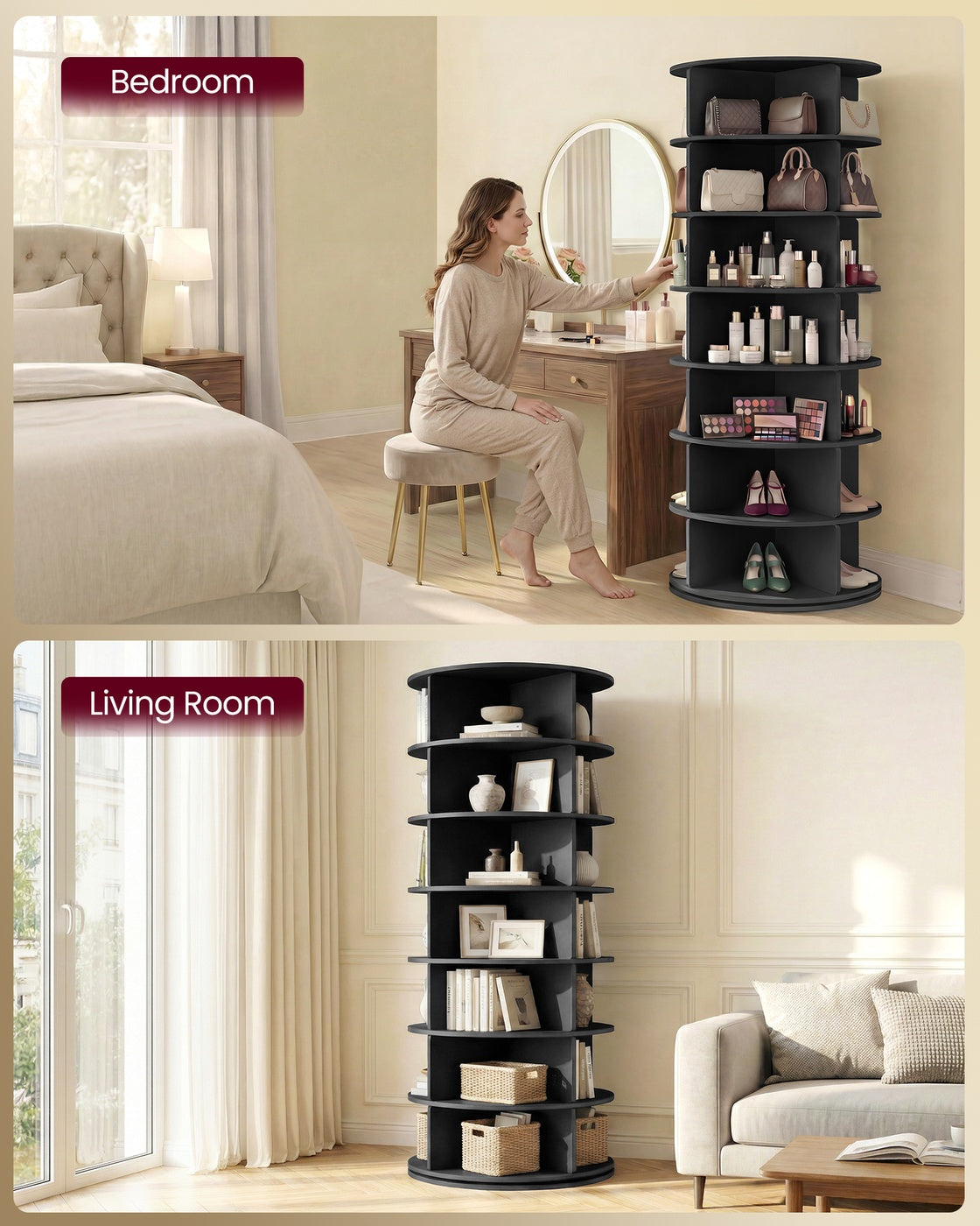 VASAGLE 7-Tier Rotating Shoe Rack Tower, Free Standing 360 Degree Spinning Shoe Organizer – Black