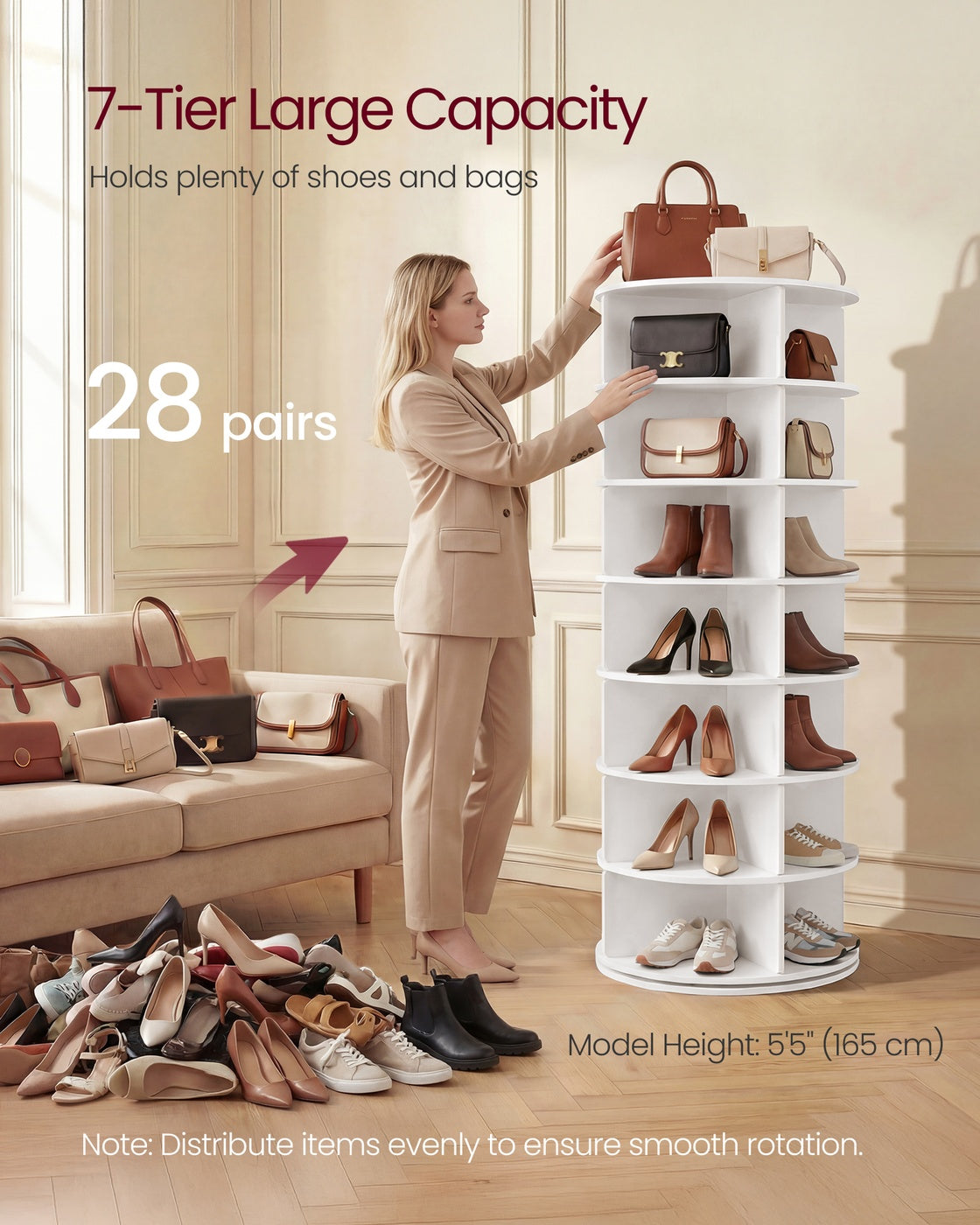 VASAGLE 7-Tier Rotating Shoe Rack Tower, Free Standing 360 Degree Spinning Shoe Organizer – White