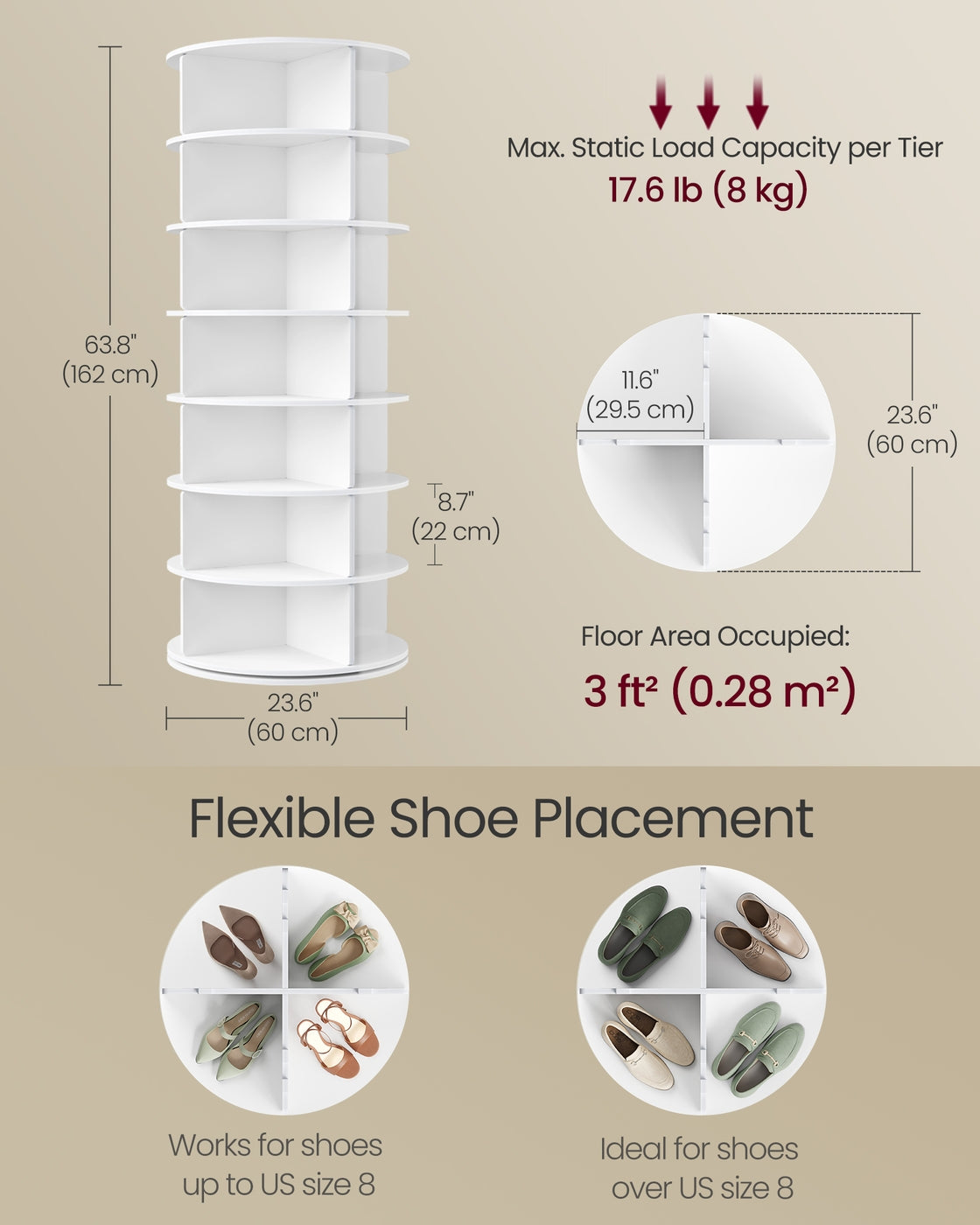 VASAGLE 7-Tier Rotating Shoe Rack Tower, Free Standing 360 Degree Spinning Shoe Organizer – White