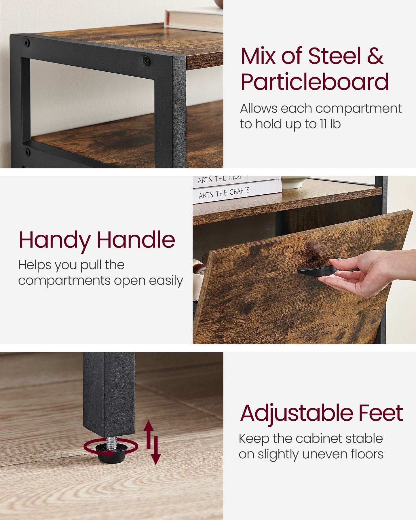 VASAGLE Shoe Cabinet with 3 Flip Drawers, Shoe Storage Cabinet, Asjustable and Removable Dividers – Rustic Brown, Black