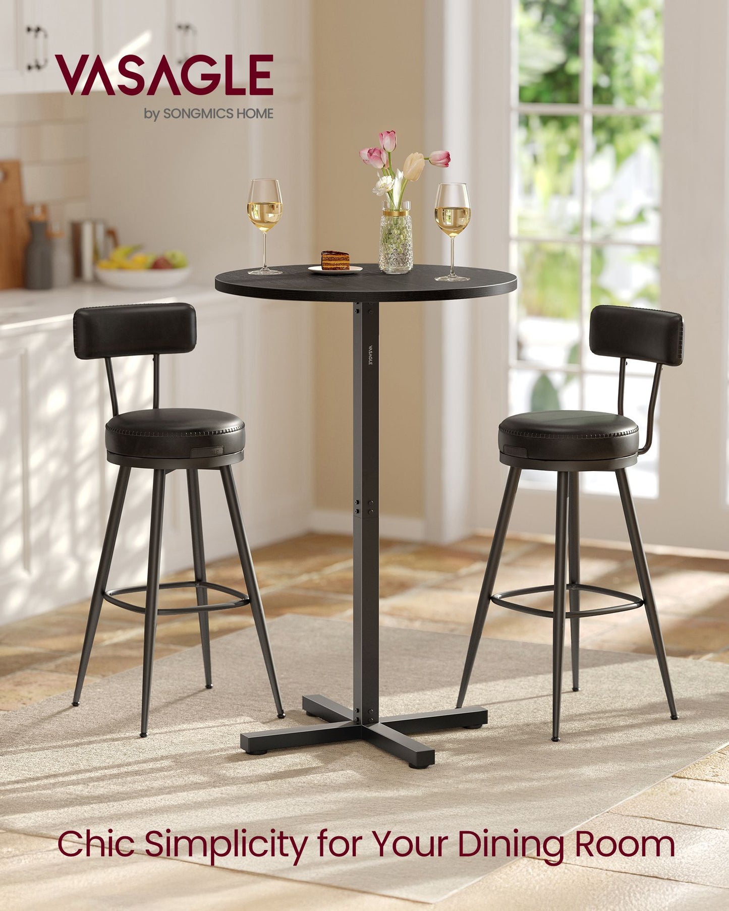 VASAGLE Round Cocktail Table, Set of 2, High Top Bar Pub Table, Ebony Black