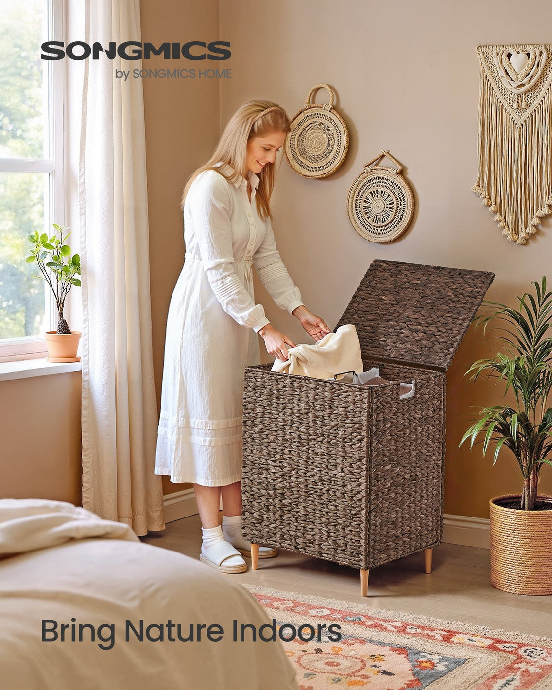 SONGMICS 34.3 Gal. (130 L) Laundry Hamper with Lid and Removable Washable Liners Espresso