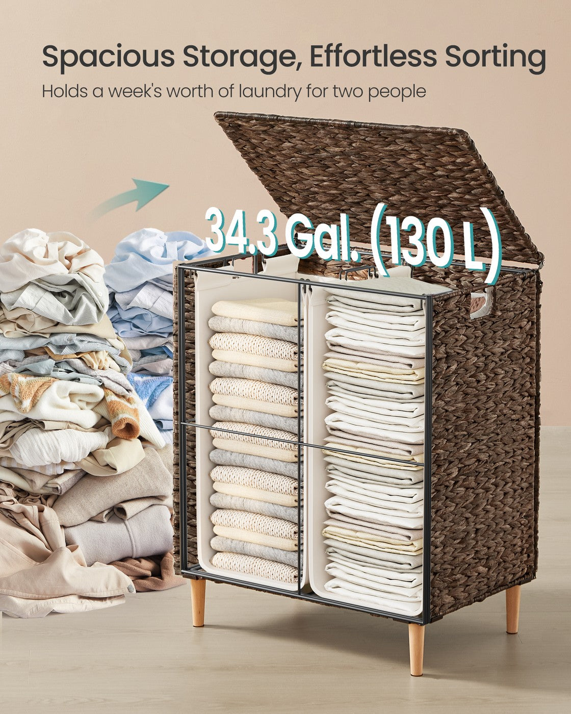 SONGMICS 34.3 Gal. (130 L) Laundry Hamper with Lid and Removable Washable Liners Espresso