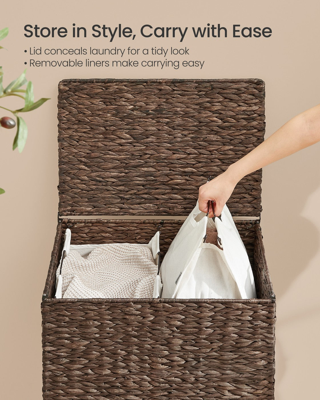 SONGMICS 34.3 Gal. (130 L) Laundry Hamper with Lid and Removable Washable Liners Espresso