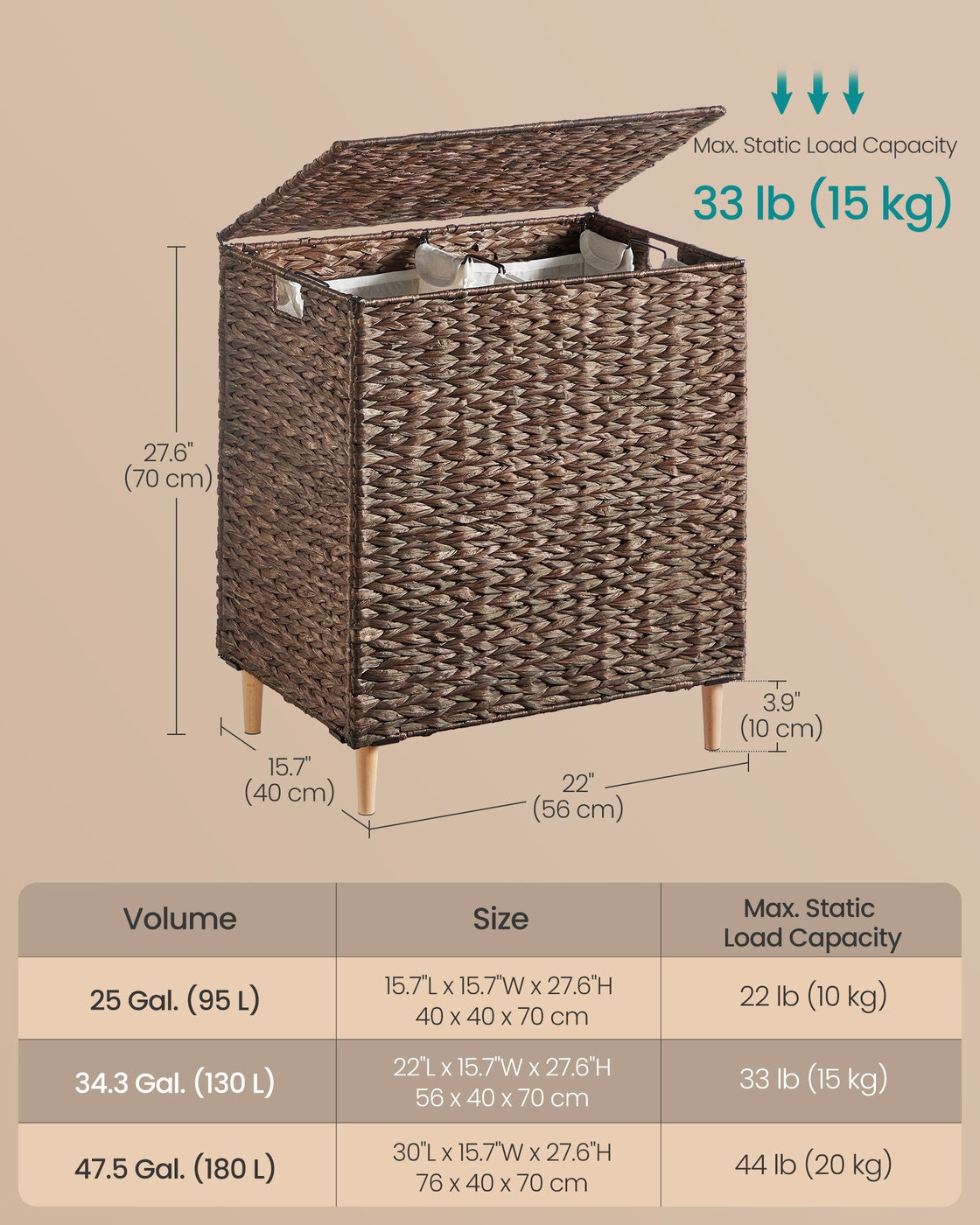 SONGMICS 34.3 Gal. (130 L) Laundry Hamper with Lid and Removable Washable Liners Espresso