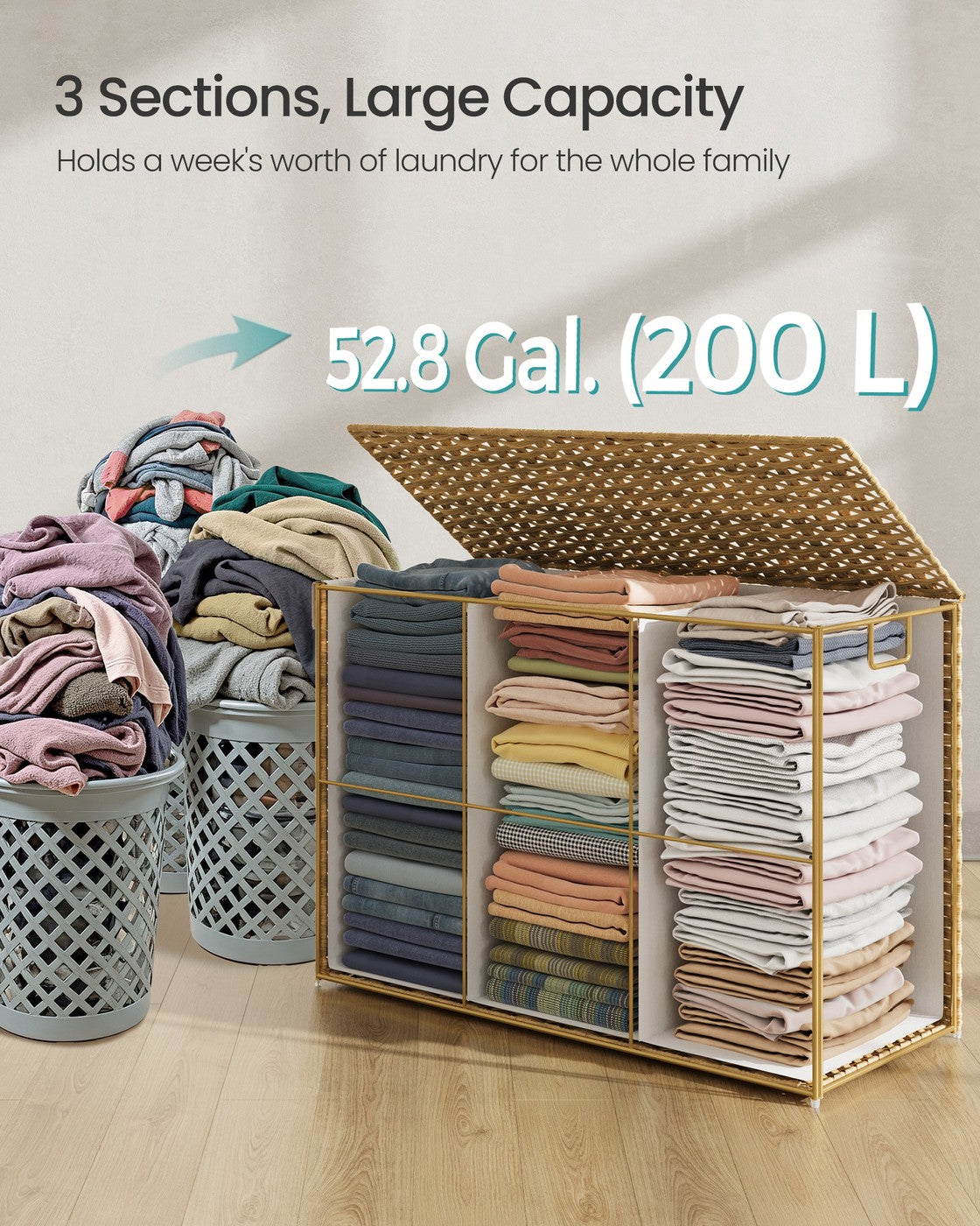 VASAGLE 52.8 Gallon (200 L) Synthetic Rattan Clothes Laundry Basket with Lid and Handles Goose Yellow – Natural