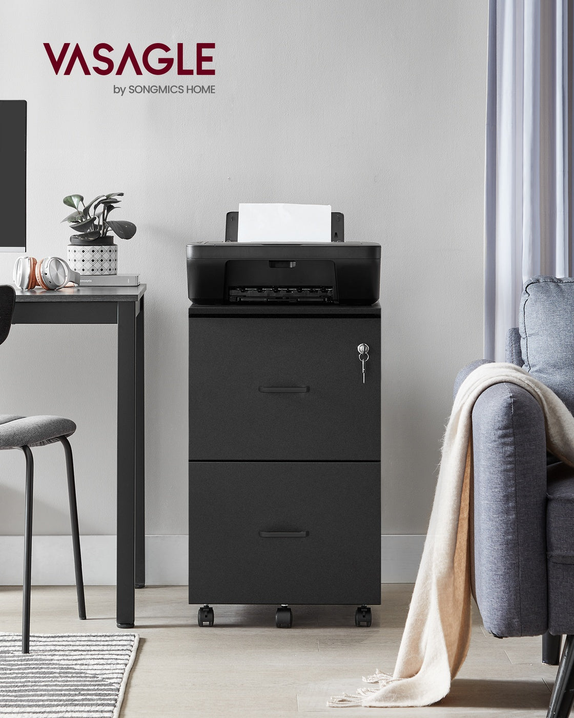 VASAGLE 2-Drawer Rolling File Cabinet – Ink Black