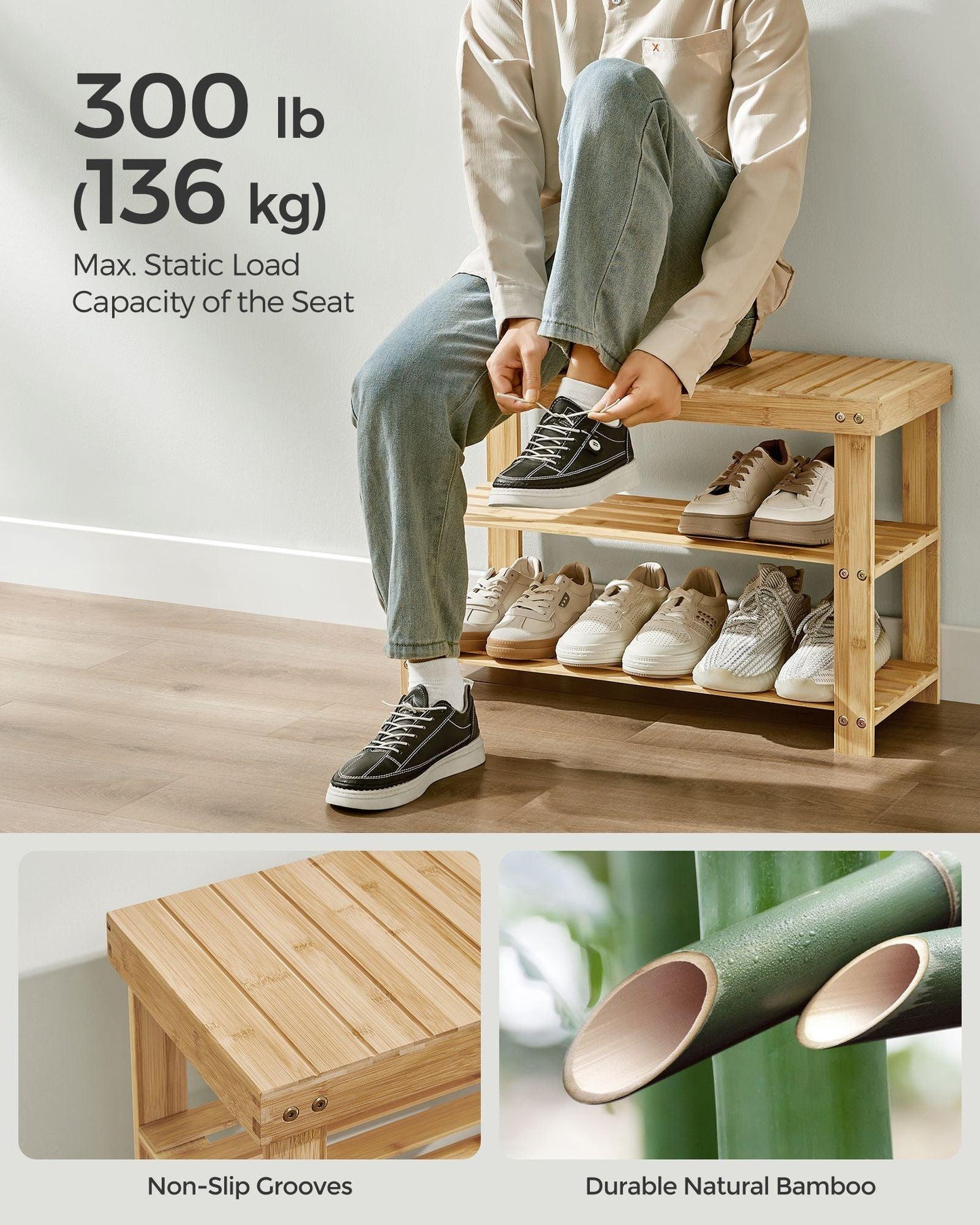Coat Rack and 3-Tier Bamboo Shoe Bench Set Natural Beige