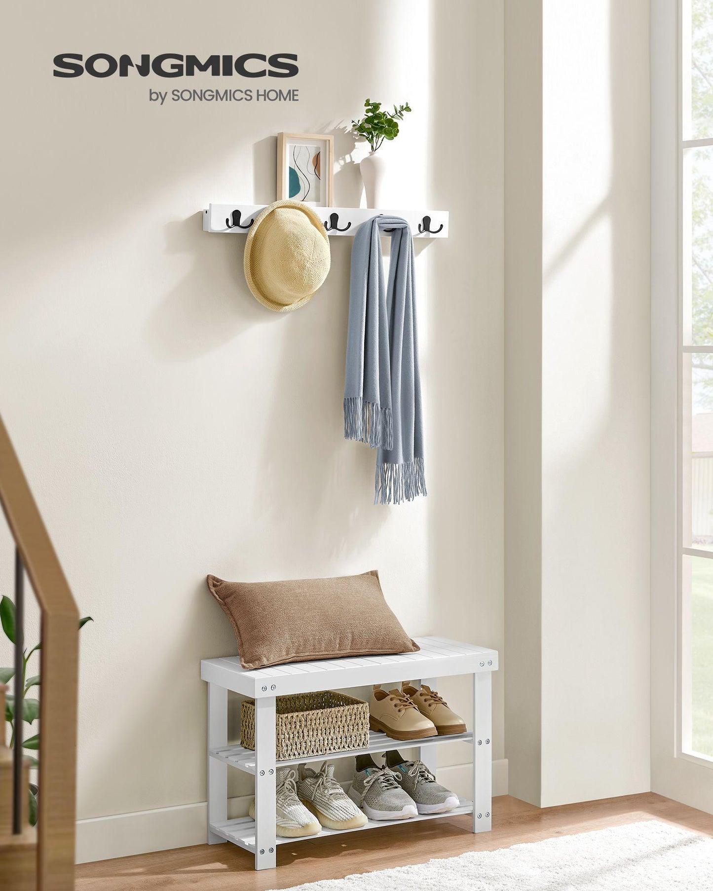 Coat Rack and 3-Tier Bamboo Shoe Bench Set Cloud White