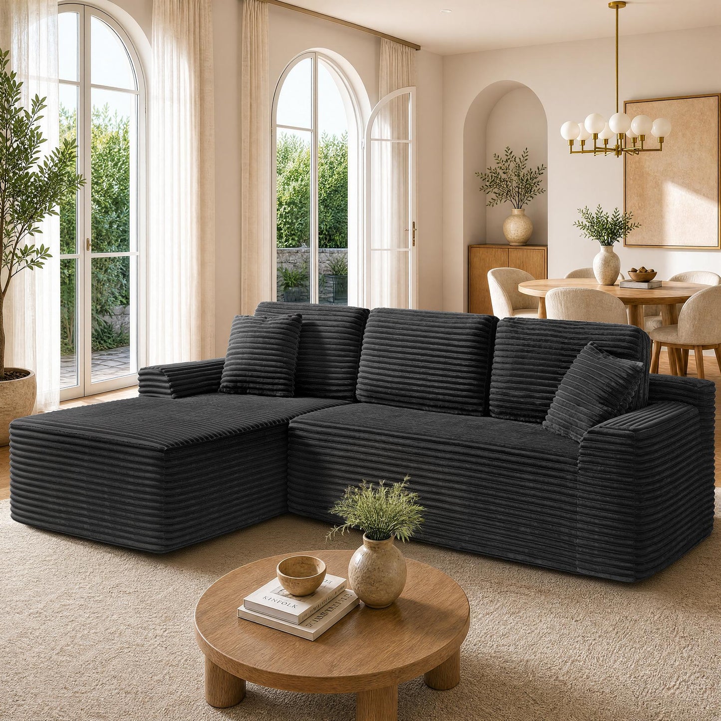 VASAGLE Boneless Sectional Couch, Cloud Convertible Sofa Bed Corduroy Fabric Foam Lounge – Ink Black
