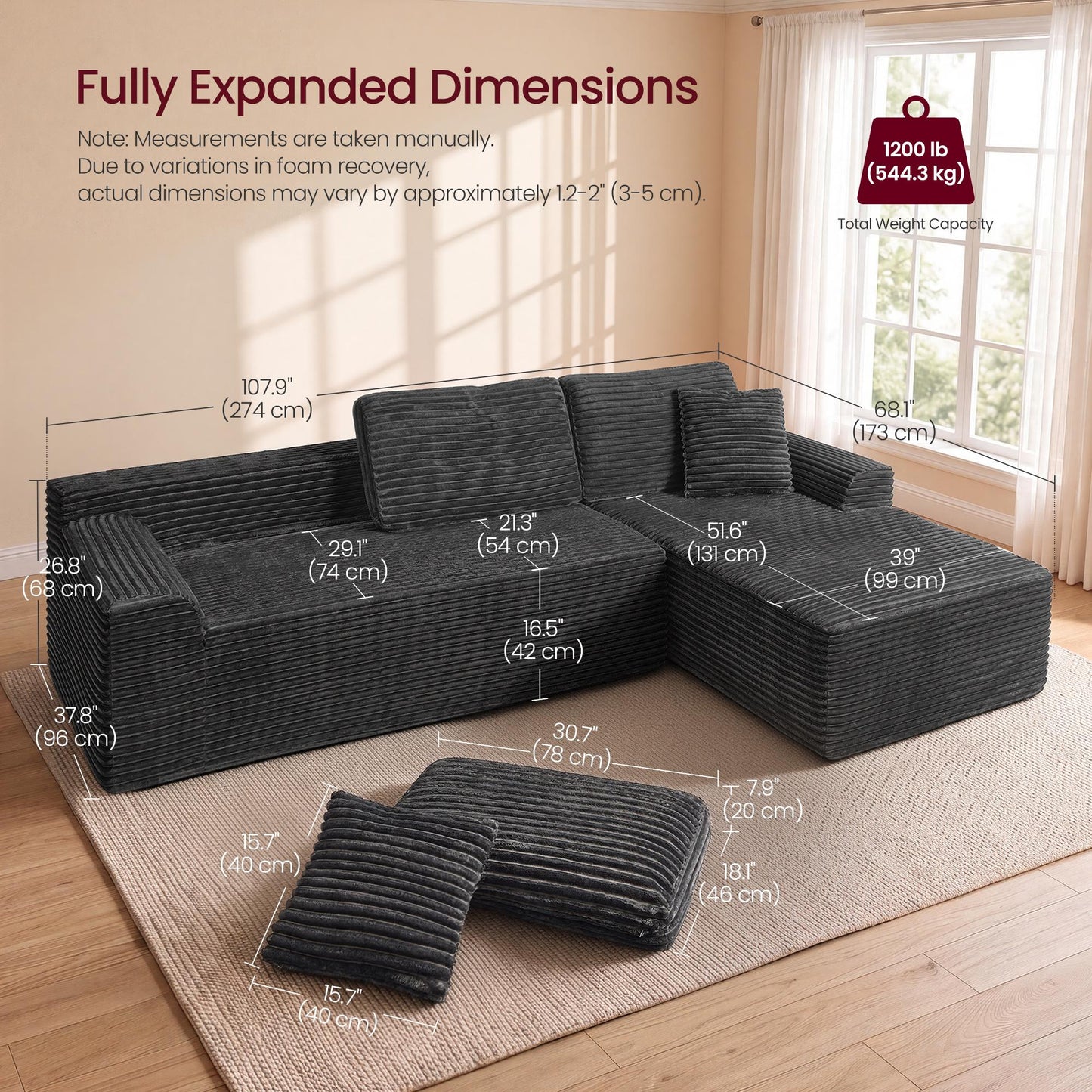 VASAGLE 107.9" Cloud Sectional Sofa, Boneless Couch for Living Room L Shaped – Slate Gray