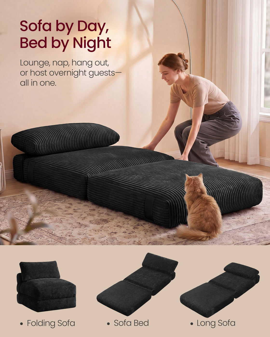 VASAGLE Folding Sofa Bed, Convertible Chair Bed with Pillow, Sleeper Chair – Smoky Black