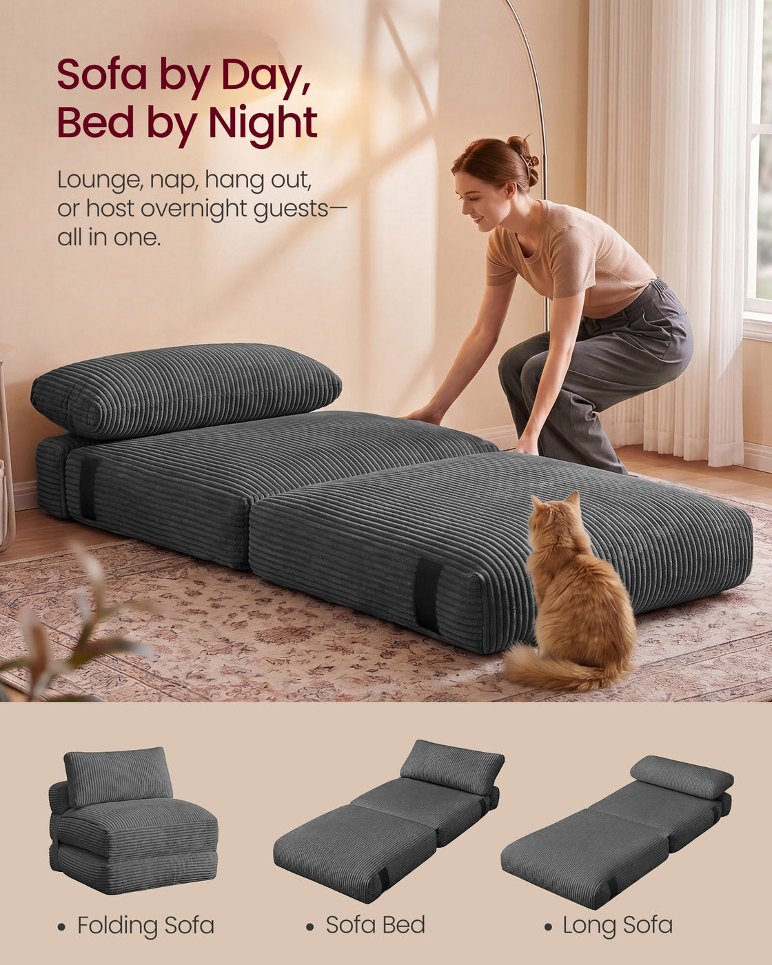 VASAGLE Folding Sofa Bed, Convertible Chair Bed with Pillow, Sleeper Chair – Lead Gray