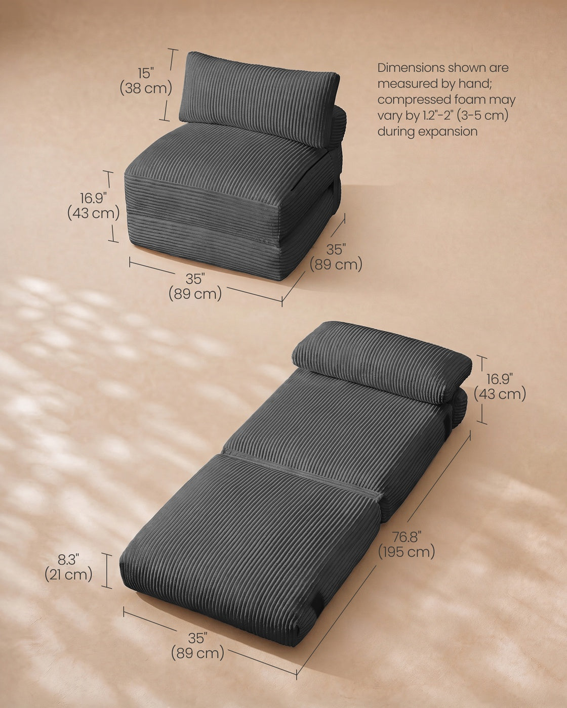 VASAGLE Folding Sofa Bed, Convertible Chair Bed with Pillow, Sleeper Chair – Lead Gray