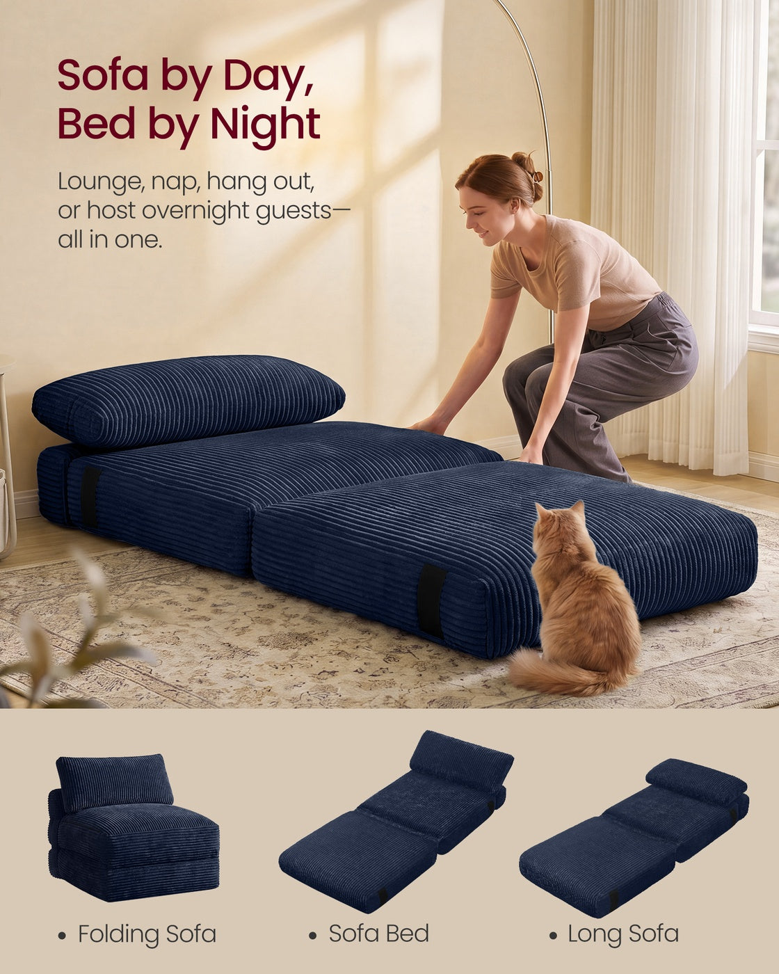 VASAGLE Folding Sofa Bed, Convertible Chair Bed with Pillow, Sleeper Chair – Gray Blue