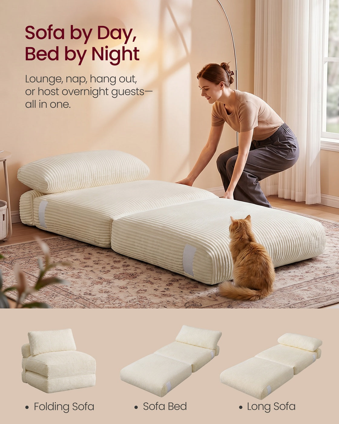 VASAGLE Folding Sofa Bed, Convertible Chair Bed with Pillow, Sleeper Chair – Warm White