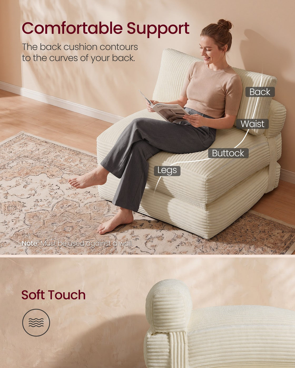 VASAGLE Folding Sofa Bed, Convertible Chair Bed with Pillow, Sleeper Chair – Warm White