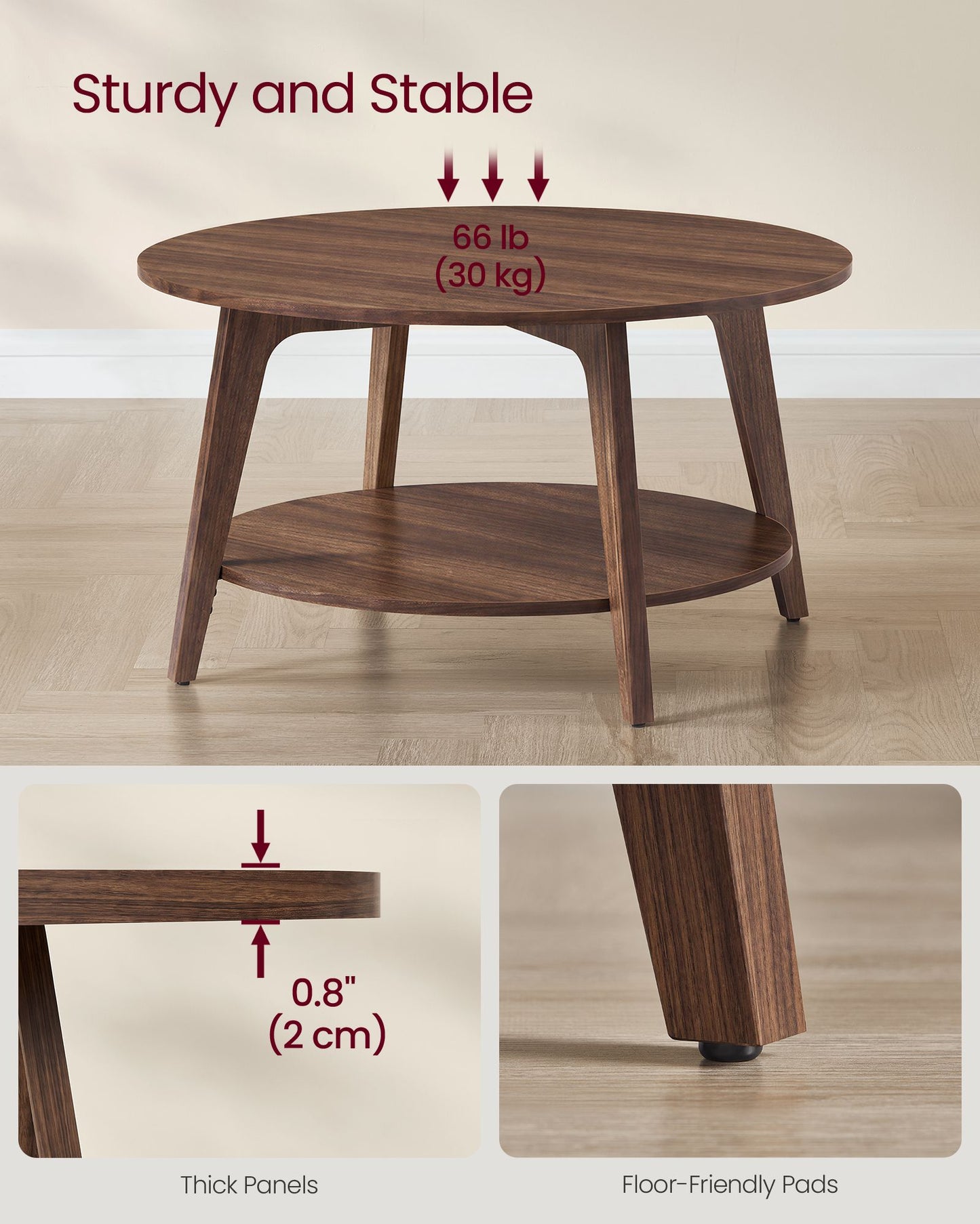 VASAGLE Maezo Round Coffee Table, 2-Tier Center Table with Storage – Chestnut Walnut