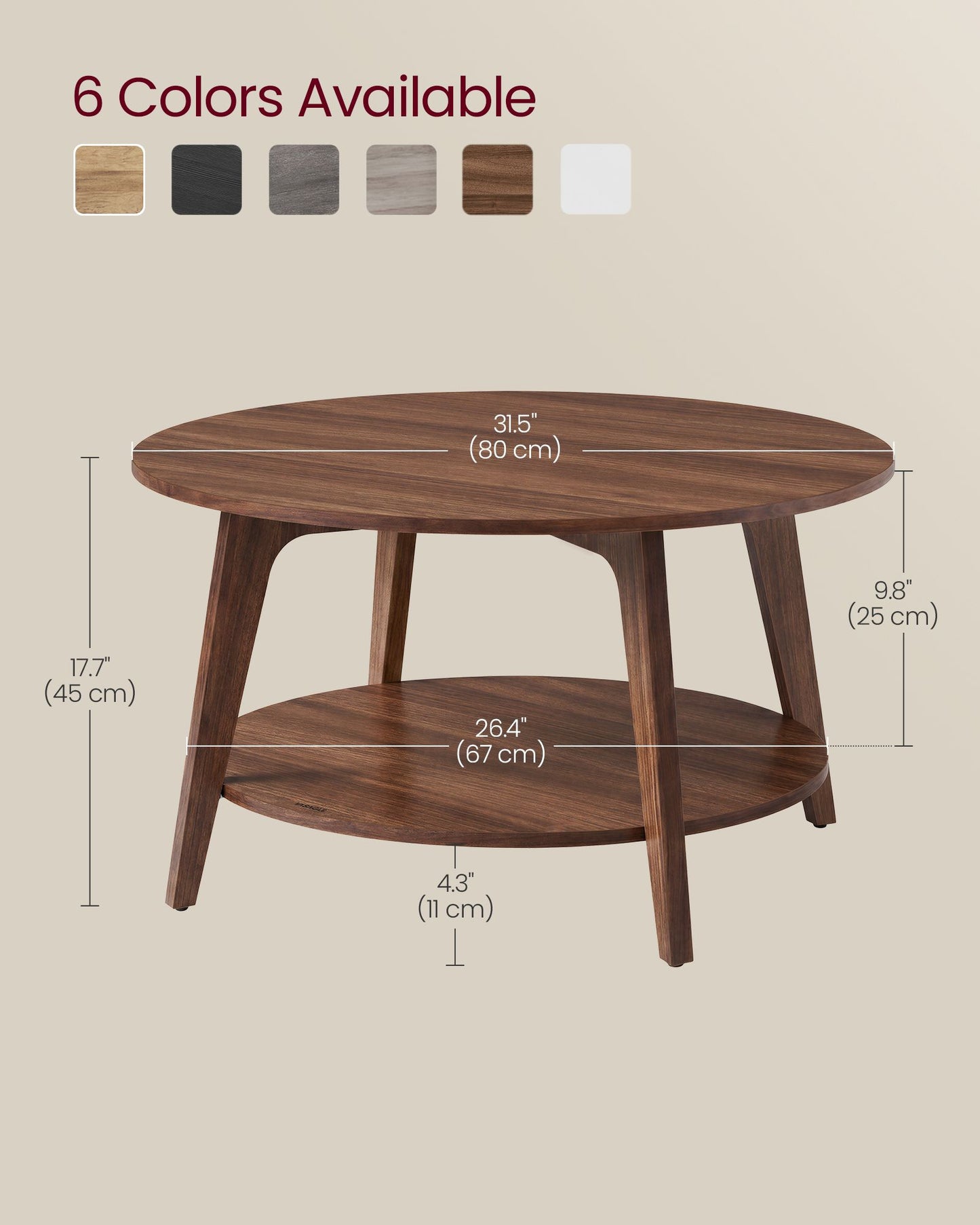 VASAGLE Maezo Round Coffee Table, 2-Tier Center Table with Storage – Chestnut Walnut