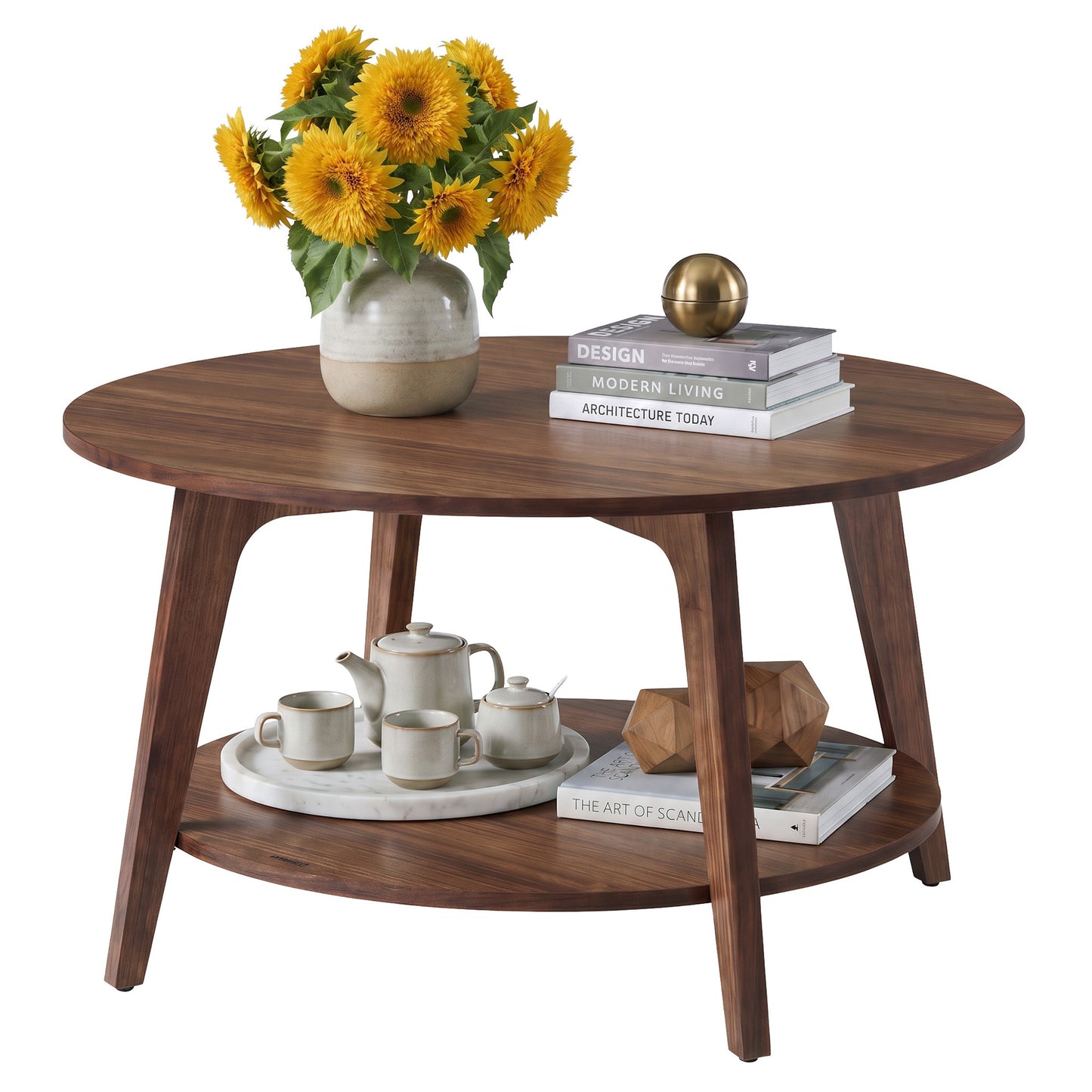 VASAGLE Maezo Round Coffee Table, 2-Tier Center Table with Storage – Chestnut Walnut