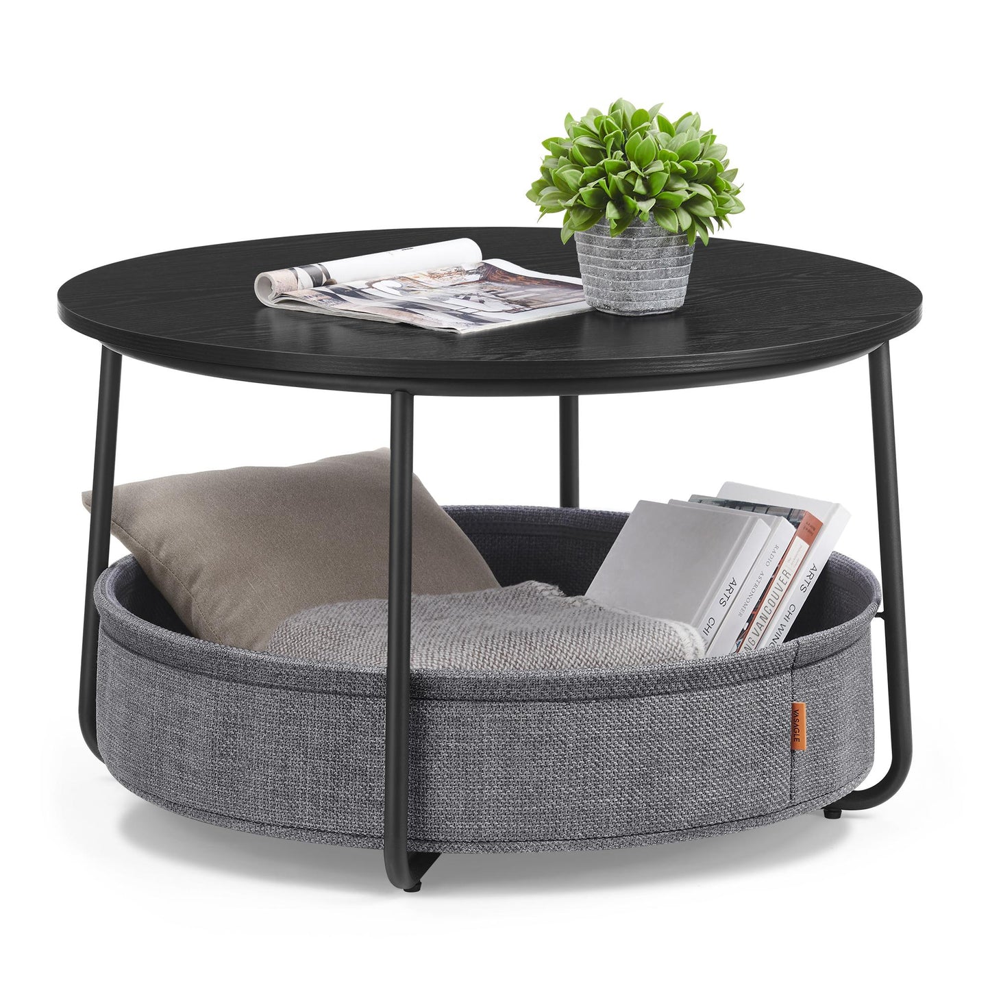 VASAGLE Coffee Table with Fabric Basket – Ebony Black, Slate Gray
